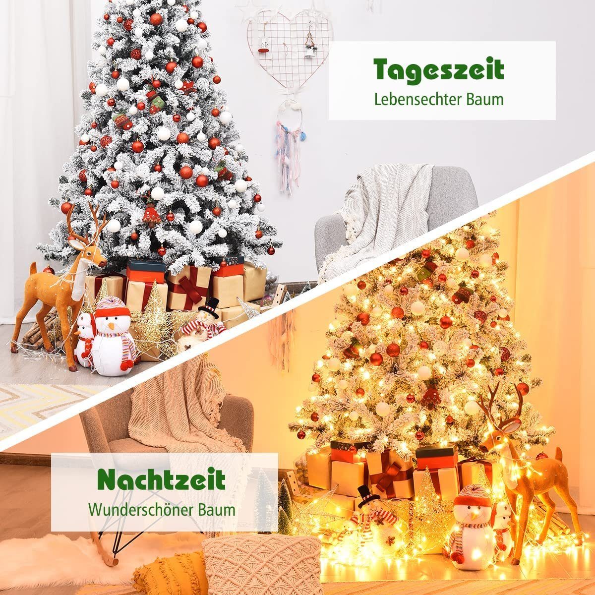 COSTWAY Künstlicher Weihnachtsbaum mit Schnee, 225cm, 1000+ Spitzen, 450 LED