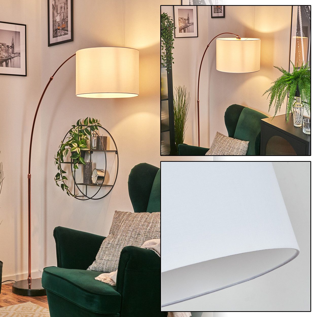 hofstein Bogenlampe Stehlampe aus Metall/Stoff in Schwarz/Kupfer/Weiß, Stehleuchte mit Marmorfuß, modernes Design (40 cm), Fußschalter, E27