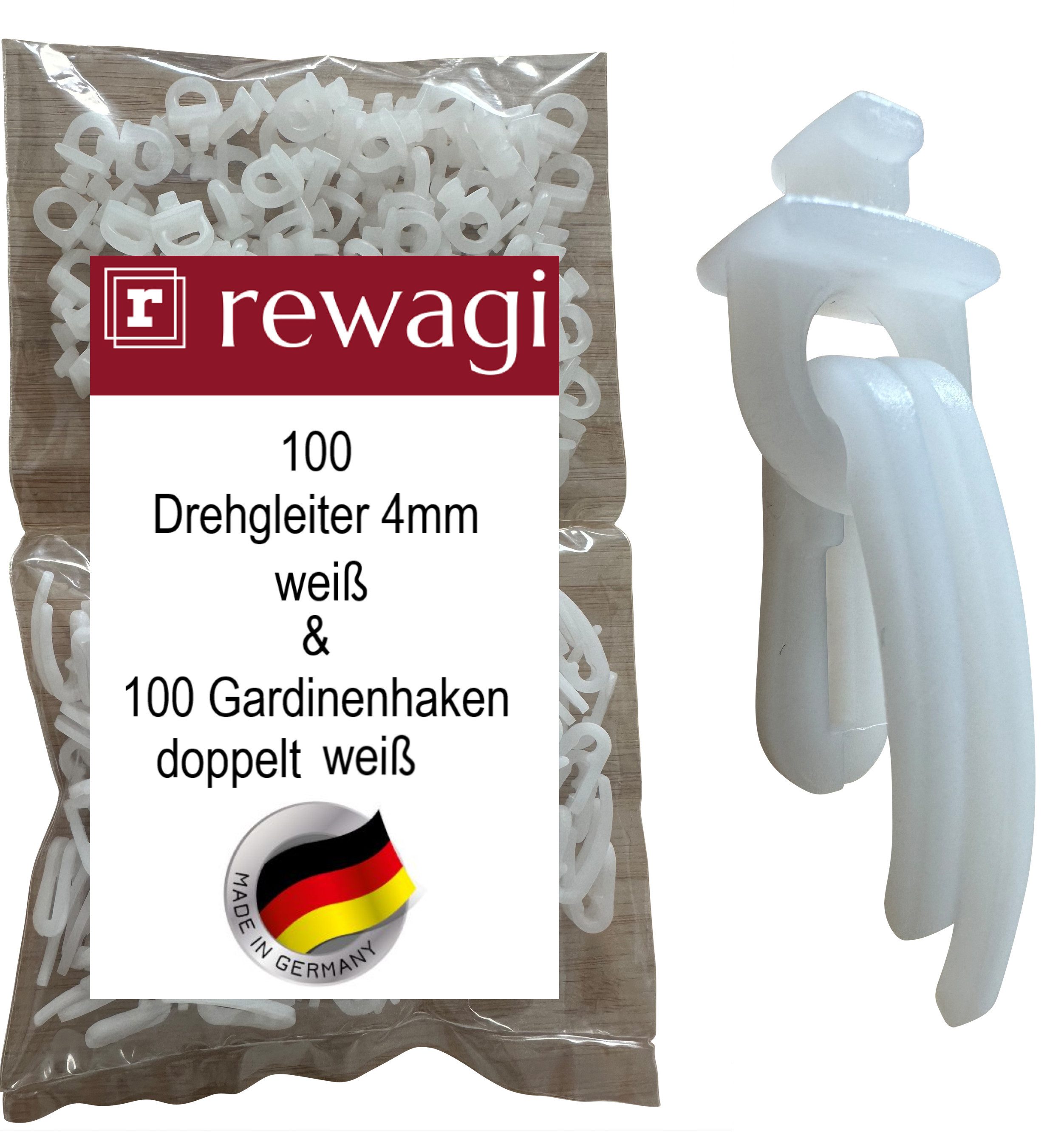 rewagi Gardinengleiter 100 Drehgleiter & 100 Gardinenhaken doppelt für Gardinenschiene 4 mm, Gardinenschiene, Gardinenleiste, Gardinen, Vorhänge