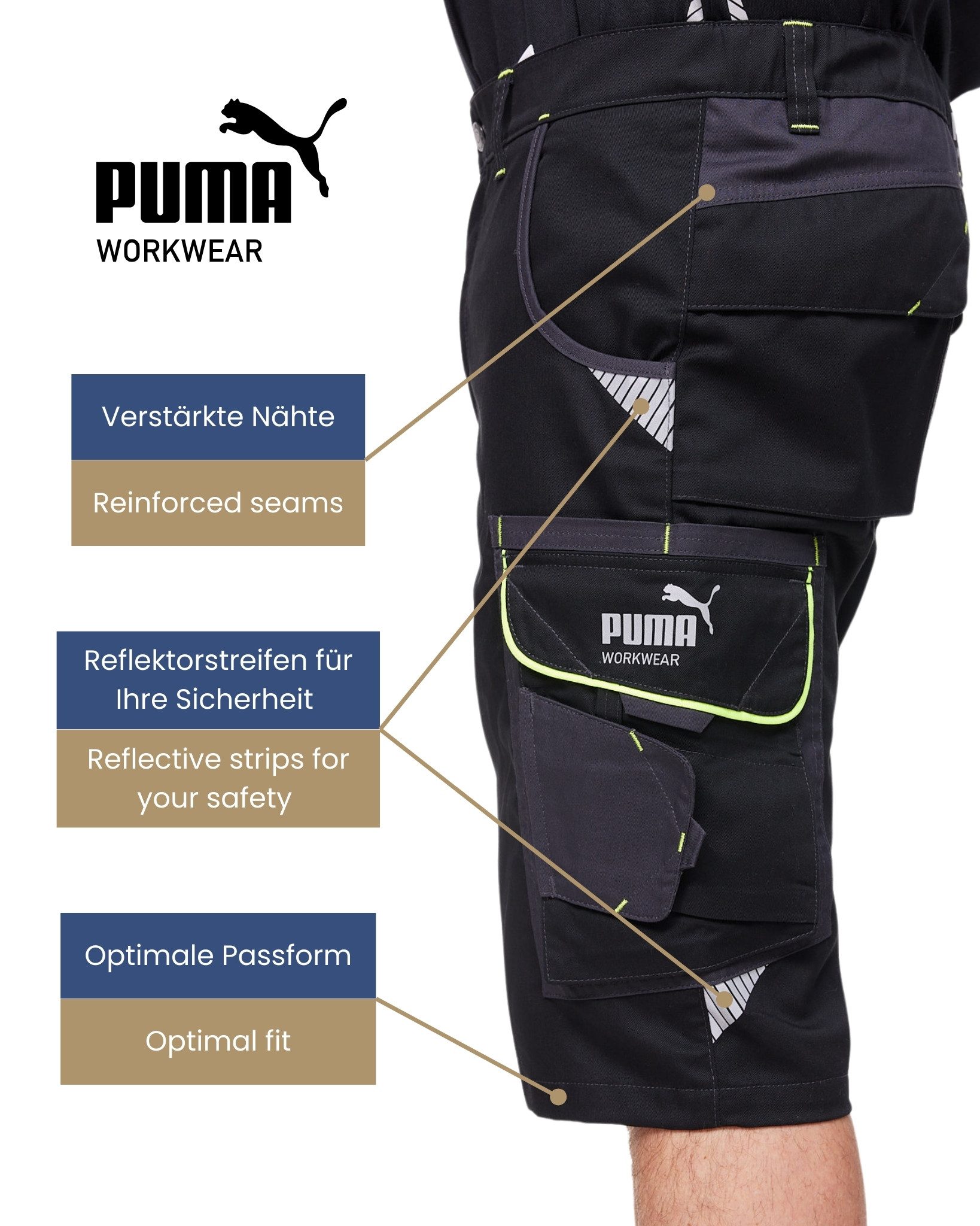 PUMA Workwear Arbeitsshorts PRECISION X - kurze Arbeitshose Herren - Bequeme Passform Robustes und flexibles Material mit Reflektoren - Praktische Taschen
