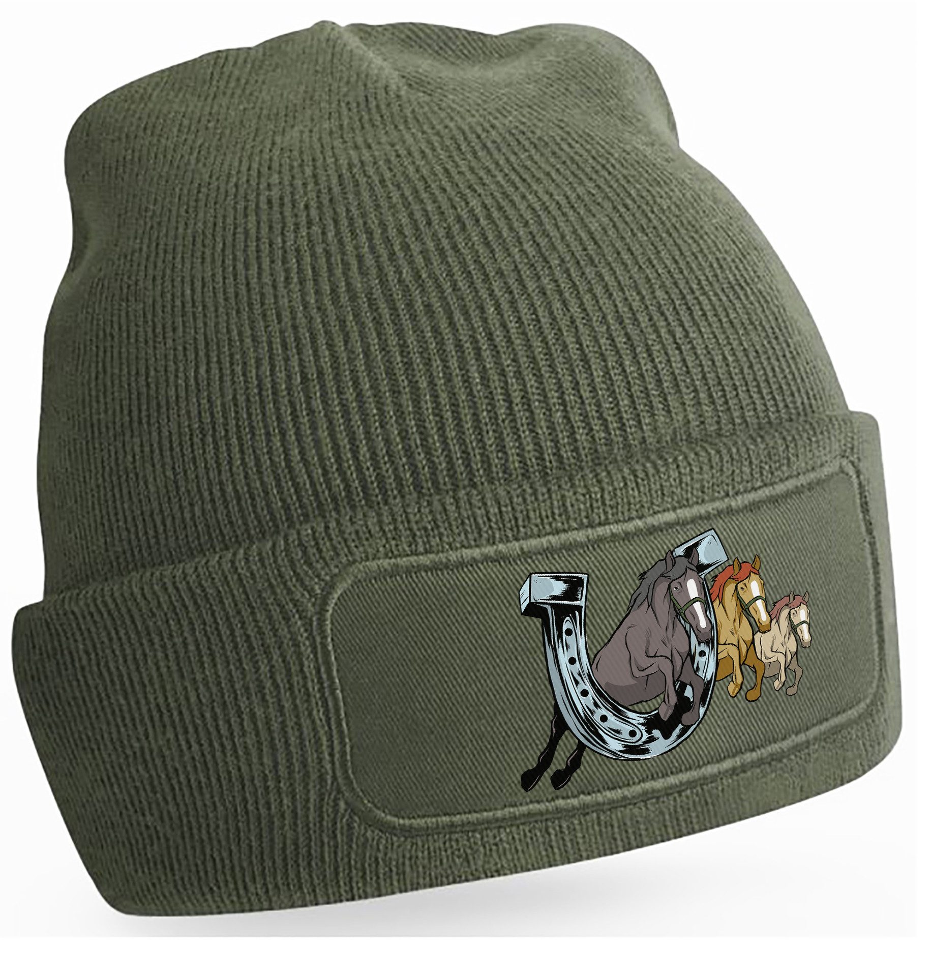MyDesign24 Strickmütze für kalte Tage - Beanie mit springenden Pferden Print Coole Pferde Mütze Wintermütze i145