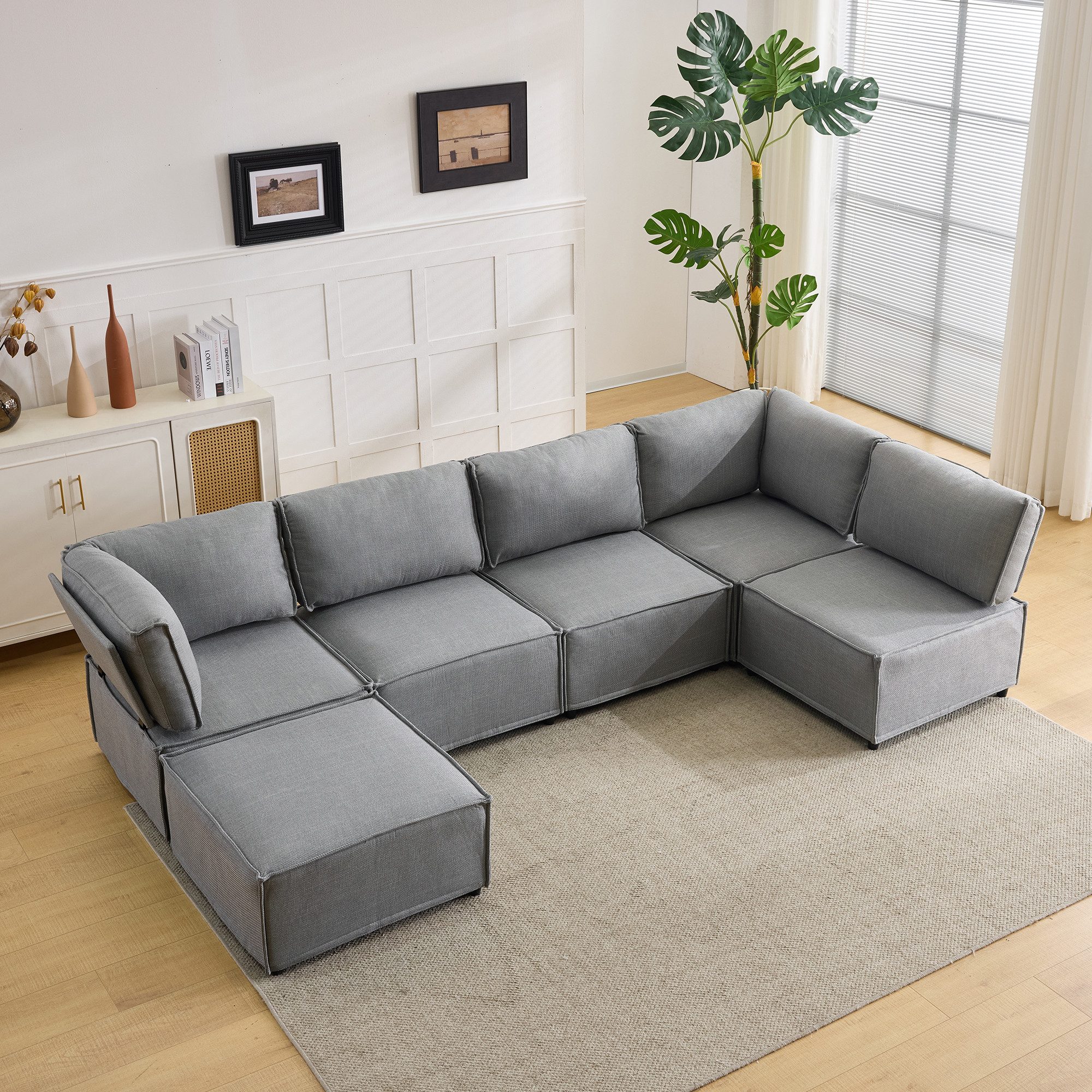 Odikalo Ecksofa Loungesofa sofas wohnzimmer Gartensofa, Halbkomprimierte modulare Sofagarnitur aus Holz, vielseitig einsetzbar, vielseitig, flexibel und einfach zu verbinden, für jede Art von Zuhause geeignet, hellgrauer Leinenstoff