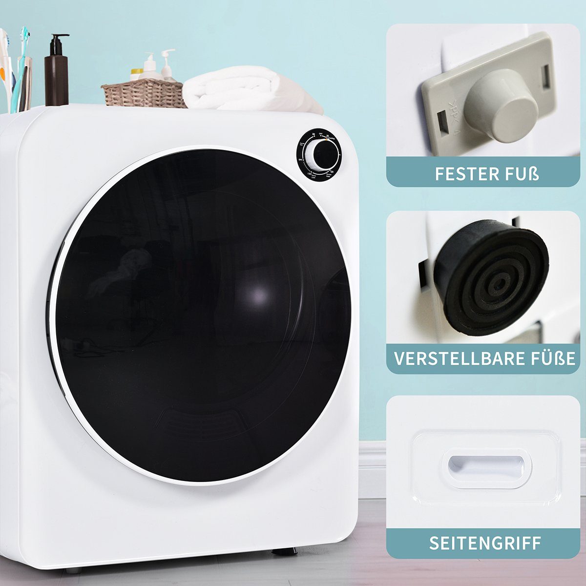 autolock Wandwäschetrockner Ablufttrockner Wäschetrockner Edelstahl Trockner 3 Kg 830W, Dreifachfilter 5 Programme Überhitzungsschutz Weiß