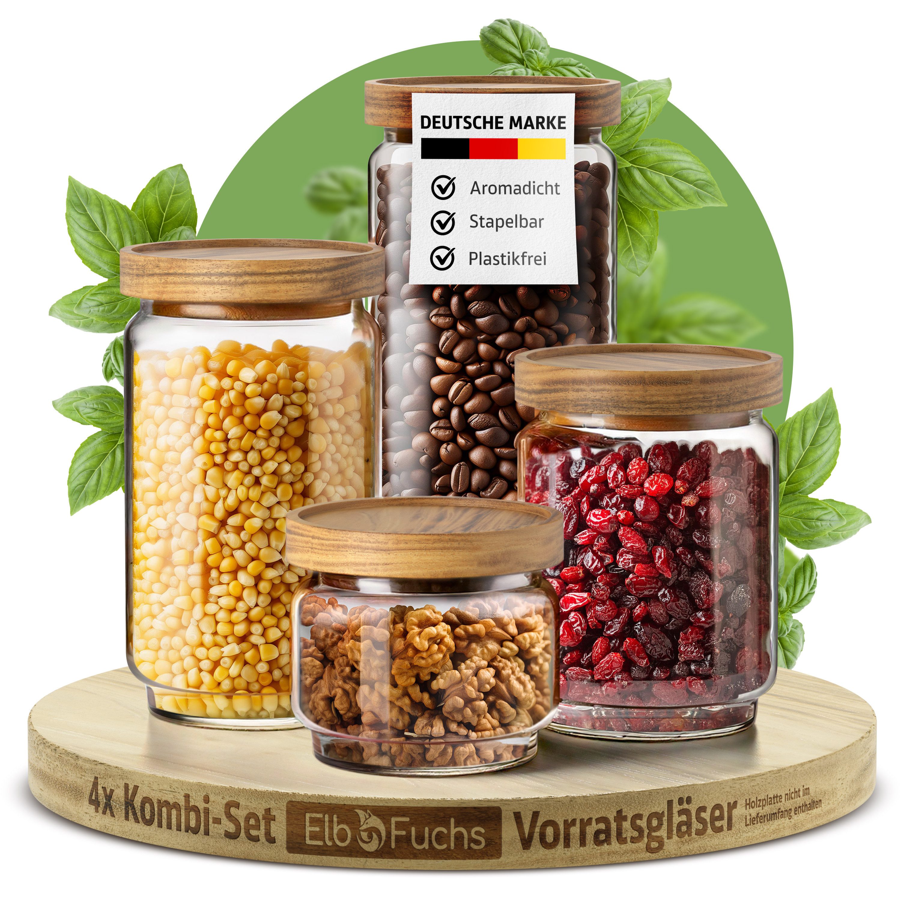 ElbFuchs Vorratsglas mit Holzdeckel, luftdicht schließend, Borosilikatglas, (Set, 4-tlg., 300, 500, 700 & 1000ml), BPA-FREI & MOTTENSICHER