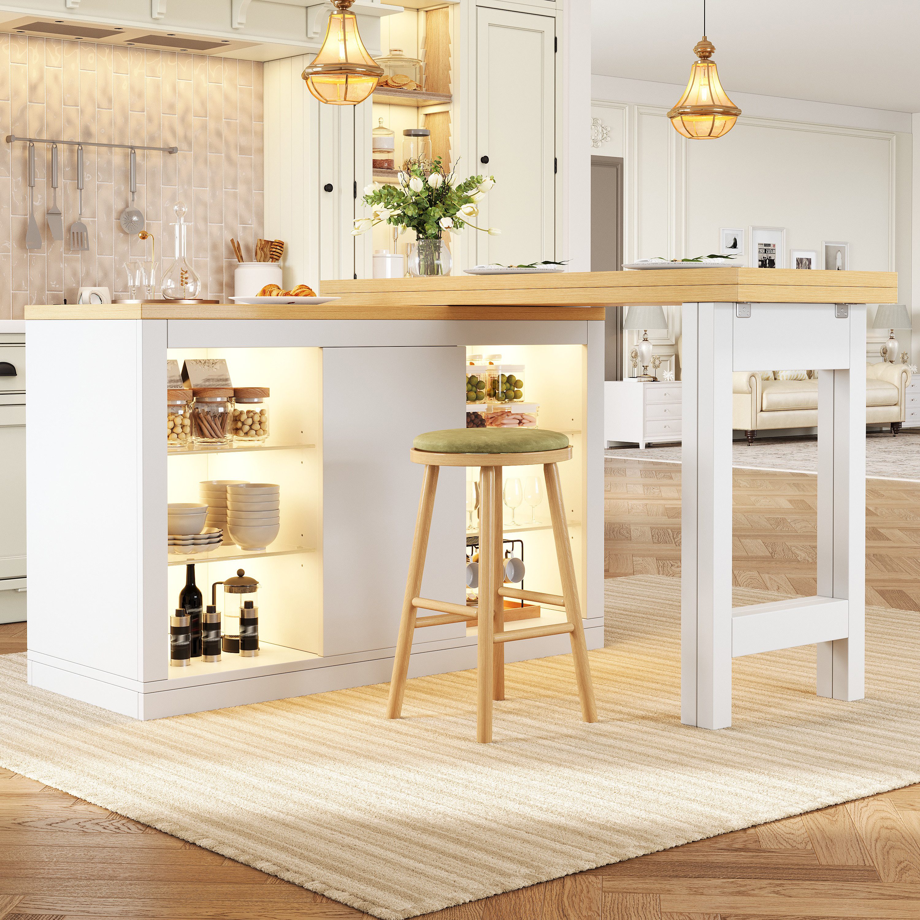 REDOM Bartisch Kücheninsel (mit App-steuerbarer RGB-LED, 360° drehbar, mit magnetischen Türen & Glas-Einlegeböden., 1-St., 120-197*40*72cm(L x B x H), mit Stauraum