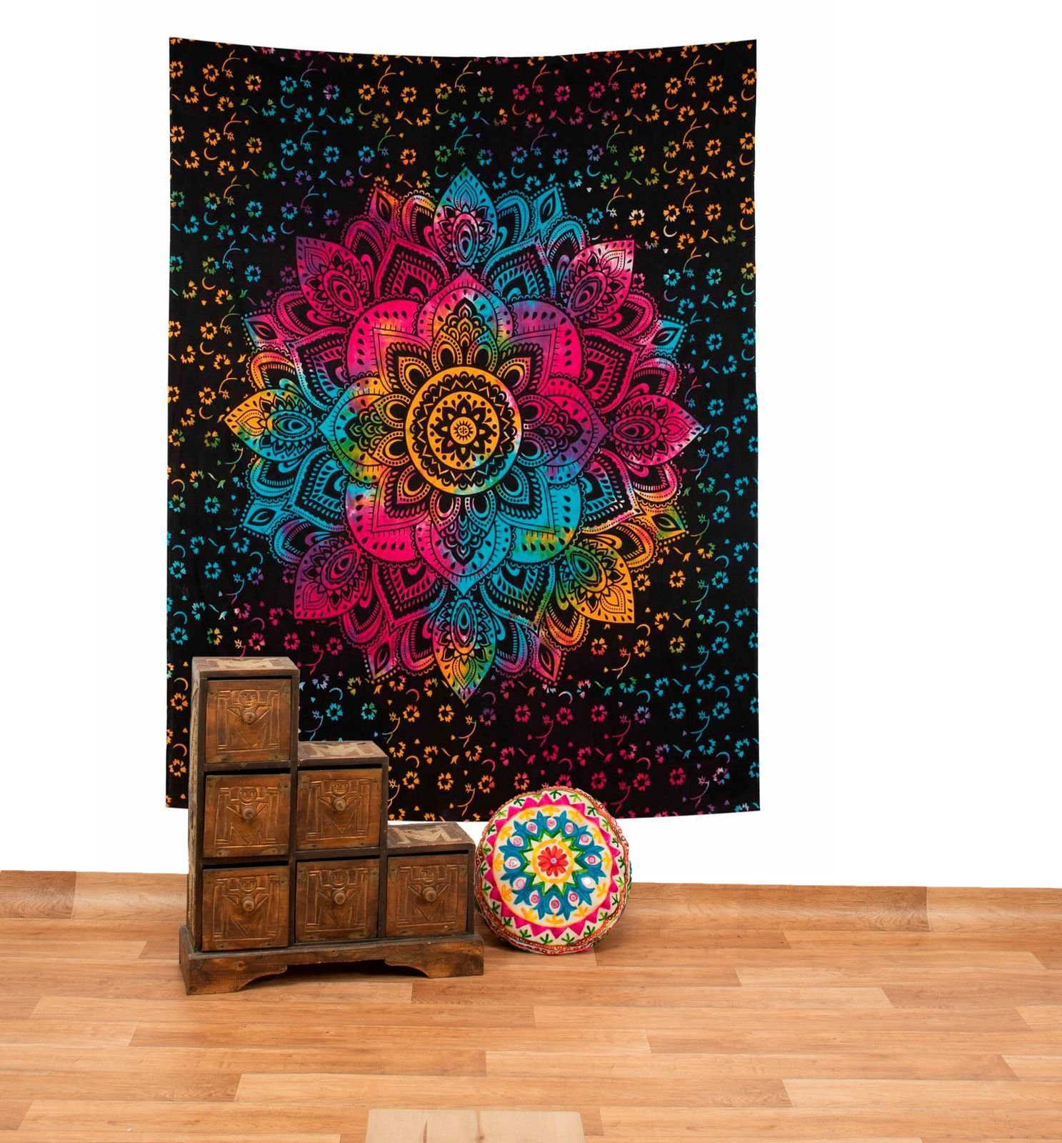 KUNST UND MAGIE Wandteppich Tagesdecke Wandbehang Buntes Tuch Lotus Mandala ca. 200 x 135 cm