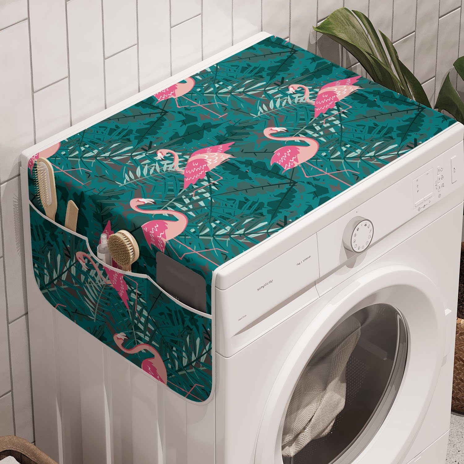 Abakuhaus Badorganizer Anti-Rutsch-Stoffabdeckung für Waschmaschine und Trockner, Flamingo Tropic Vögel auf Blätter