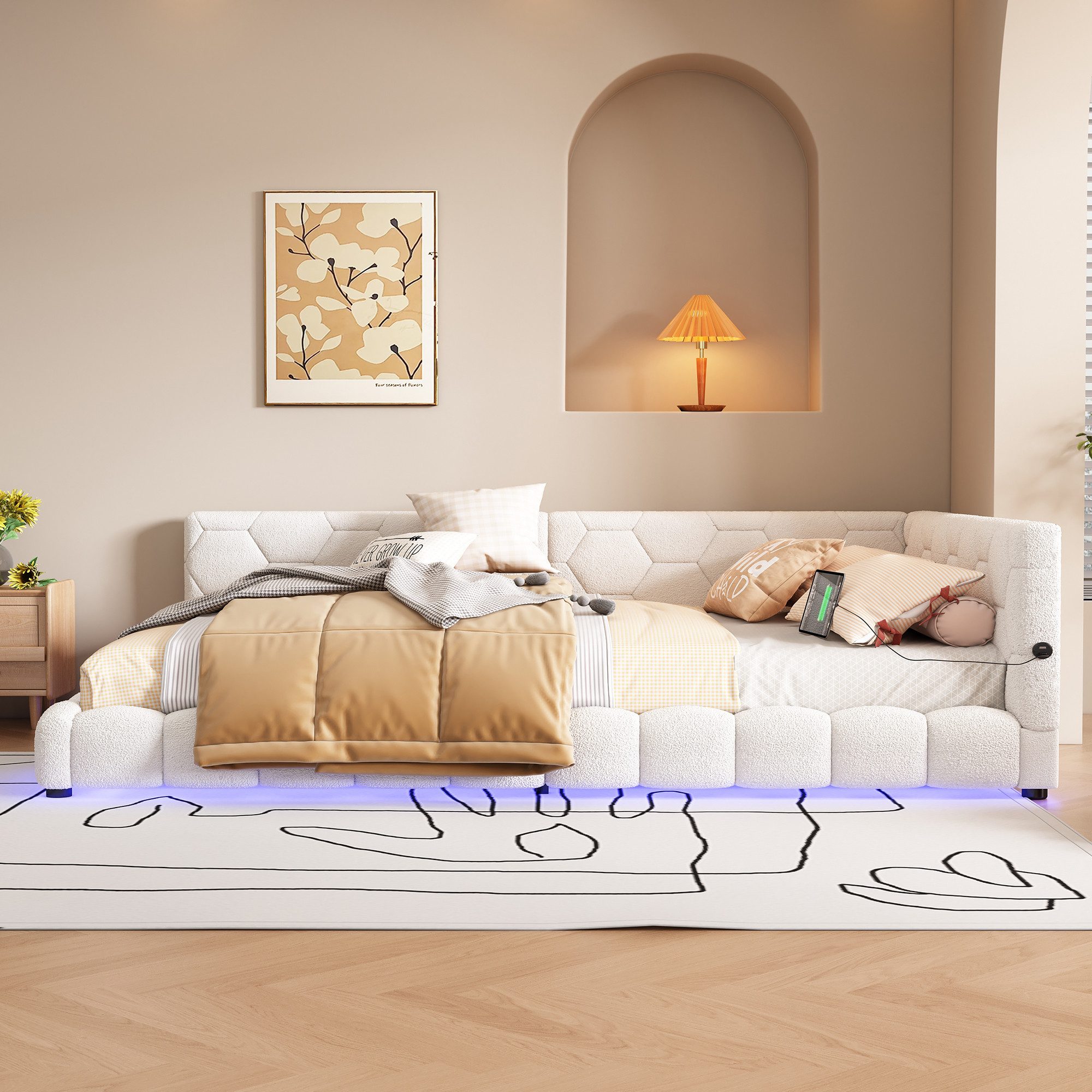 Flieks Polsterbett, LED Doppelbett Daybett Tagesbett Samt 140x200cm mit USB günstig online kaufen