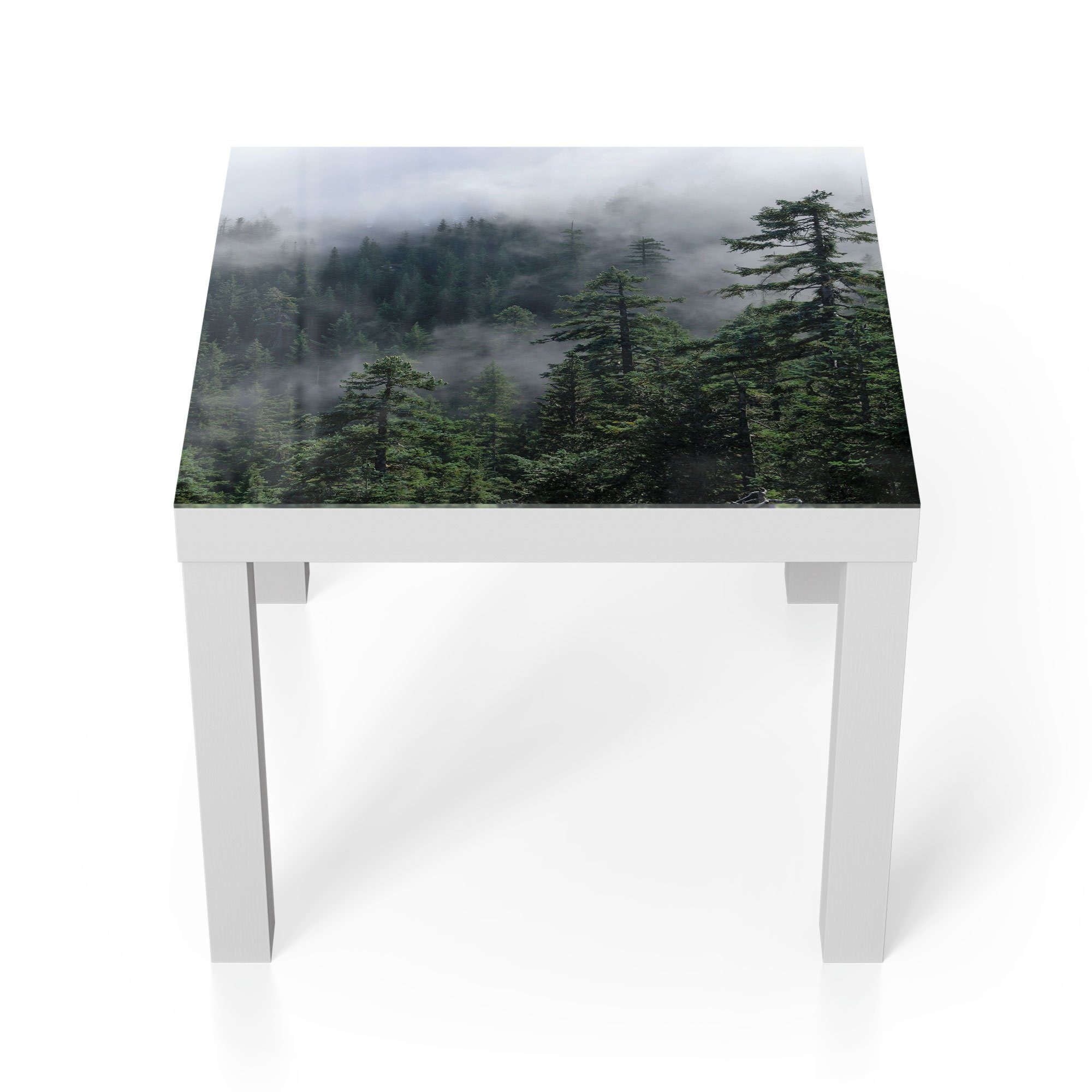 DEQORI Couchtisch 'Tannenspitzen im Nebel', Glas Beistelltisch Glastisch modern Weiß