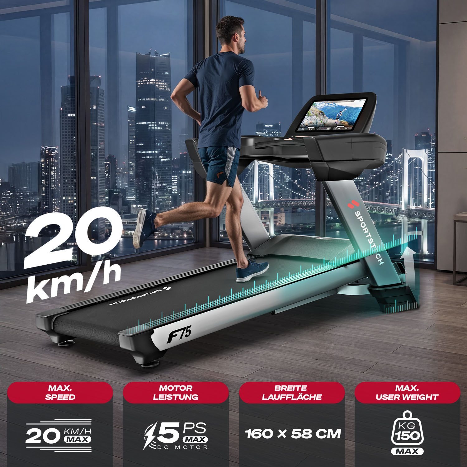 Sportstech Laufband F75 mit 21,5 Zoll Touchdisplay, Profi Laufband, große Lauffläche, 20km/h, Klappbar