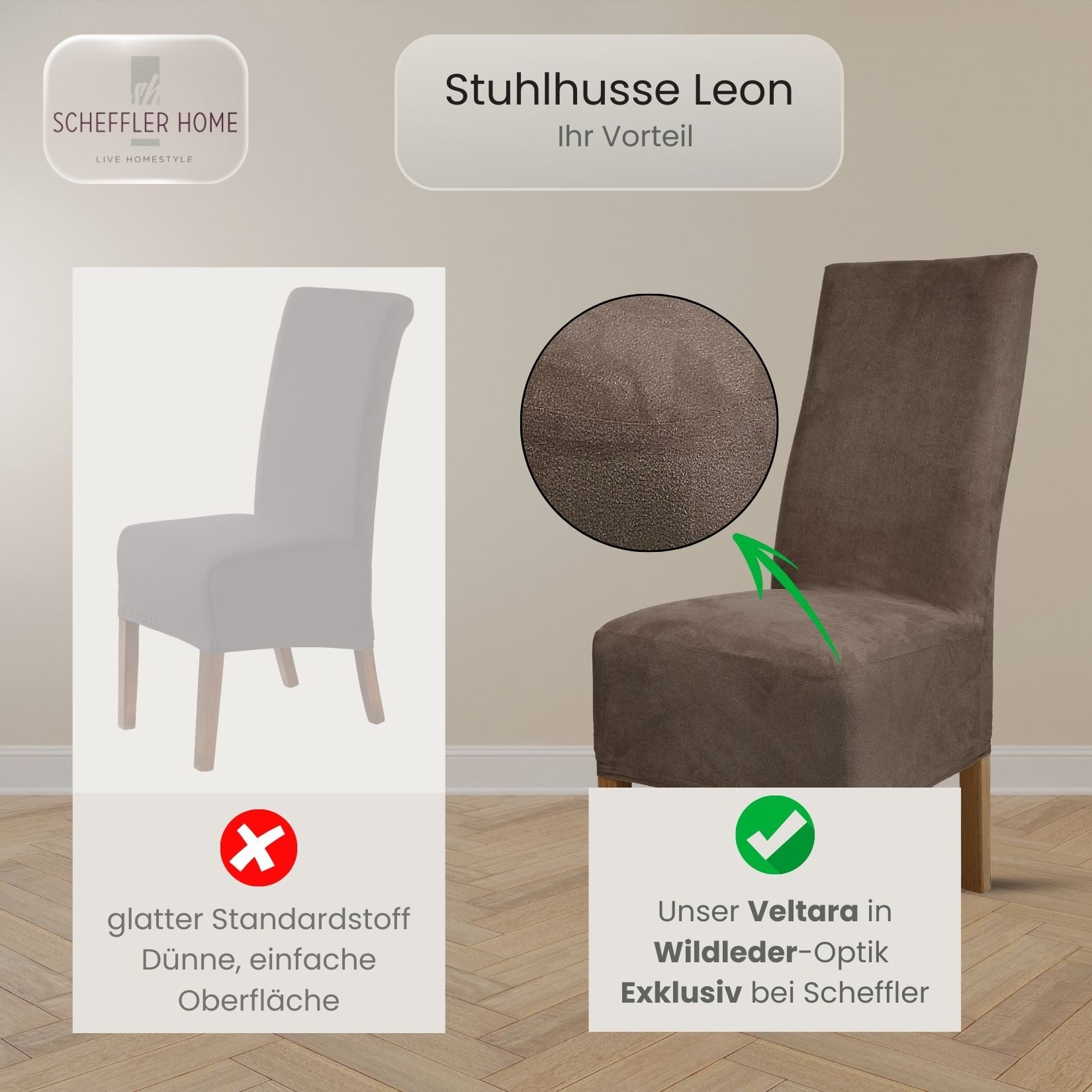 sh SCHEFFLER-HOME LIVE HOMESTYLE Stuhlhusse Leon Stoff Veltara, Premium-Microfaser Veltara in edler Wildleder-Optik – Bild 4 von 5
