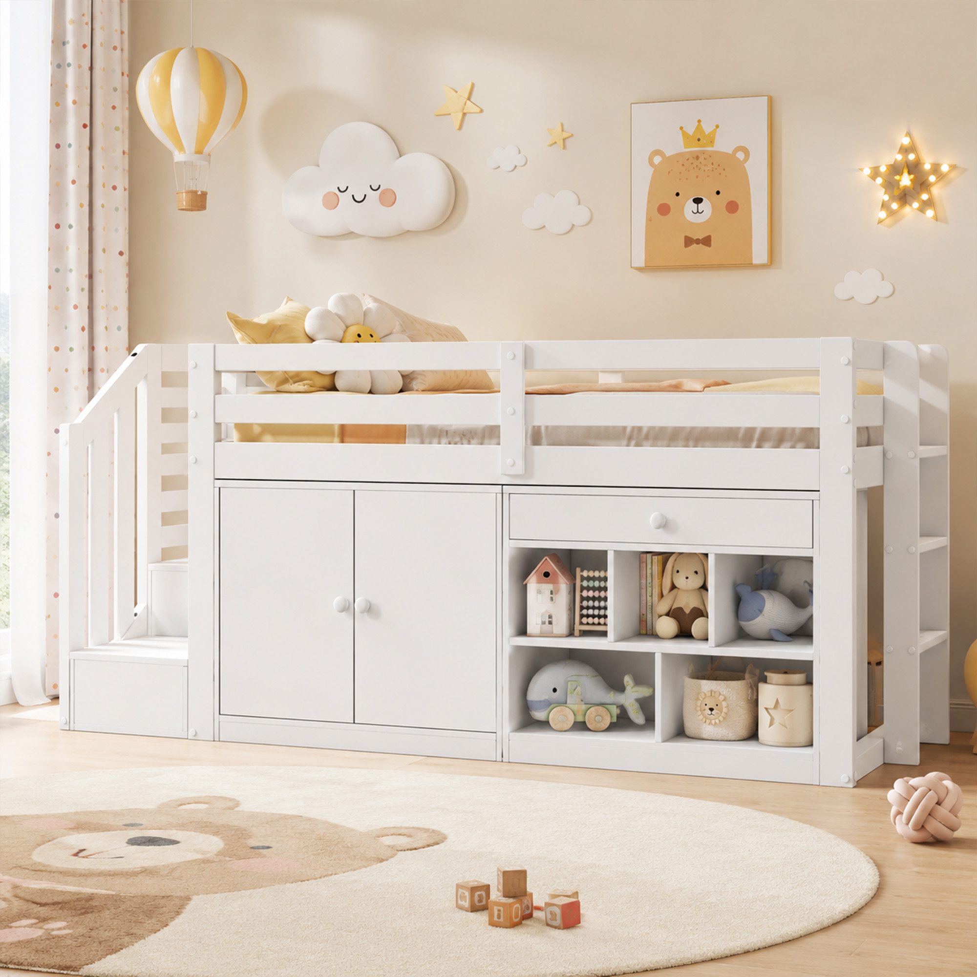 KLAM HOME Hochbett Multifunktionales Kinderbett aus Holz mit Treppe und Stauraum 90*200 Treppen/Schränke links und rechts austauschbar, weiß