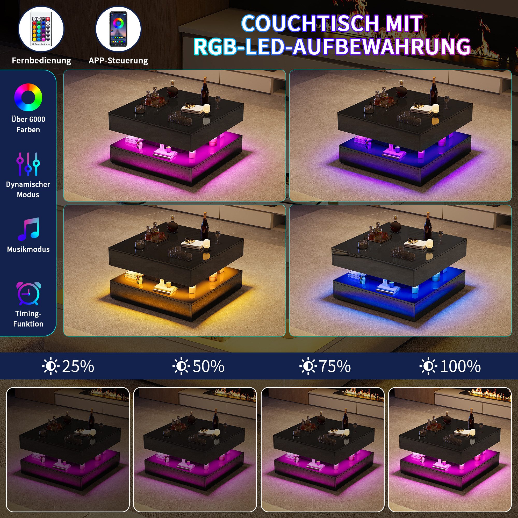 PXloue Couchtisch LED-Couchtisch mit Stauraum und modernem Design (Hochglänzender), Praktischer Tisch mit Schubladen und integrierter Beleuchtung – Bild 5 von 5