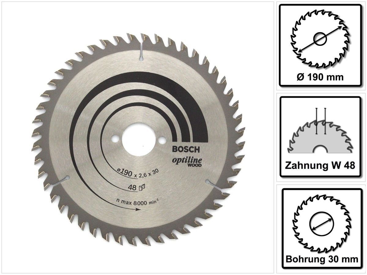 Bosch Professional Kreissägeblatt Kreissägeblatt Optiline Wood OP WO H 190 x 30 x 2,6 mm 190 mm 48 Zähn
