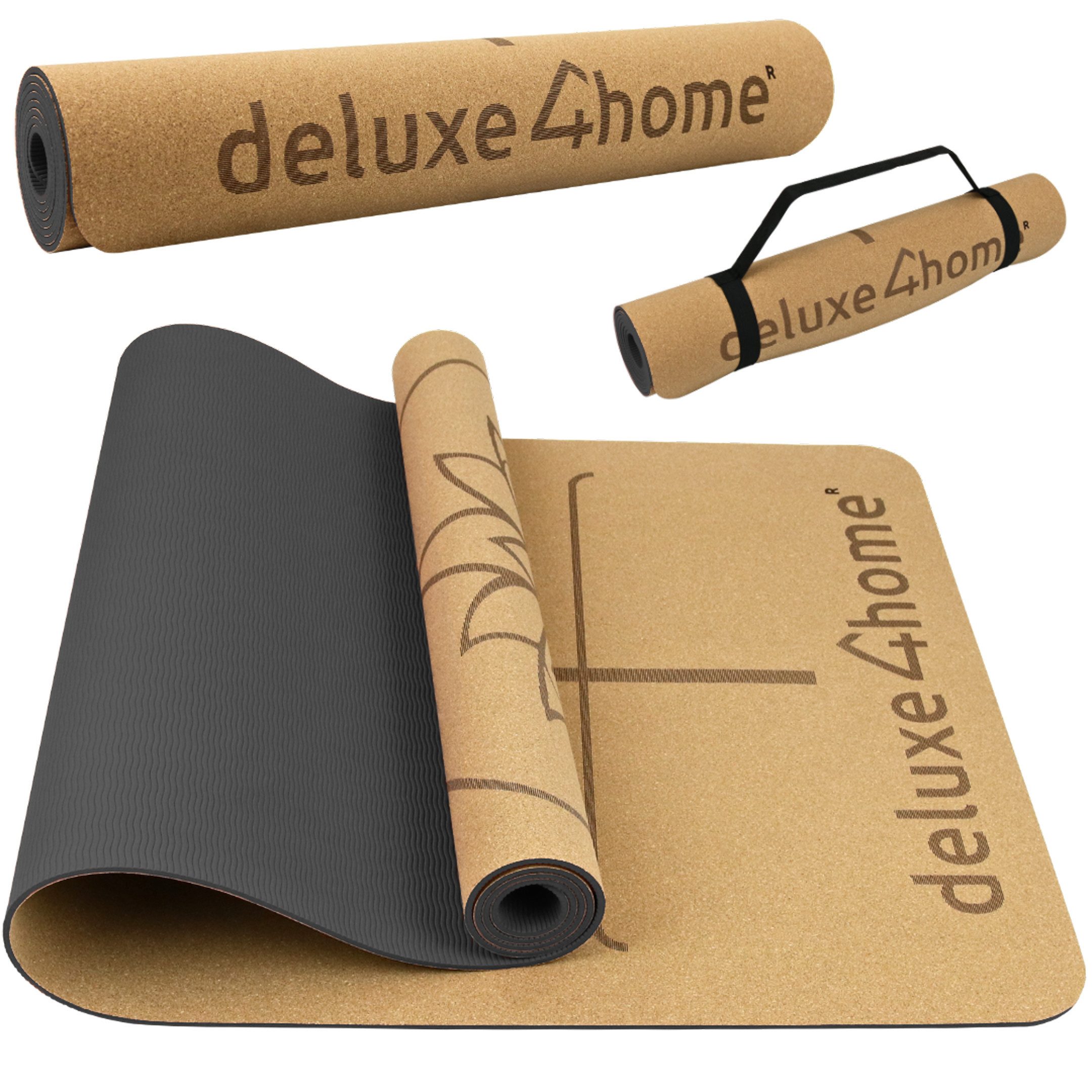 deluxe4home Yogamatte Gymnastikmatte Kork mit Ausrichtungslinien I Turnmatte Fitness Matte, inkl. Tragegurt
