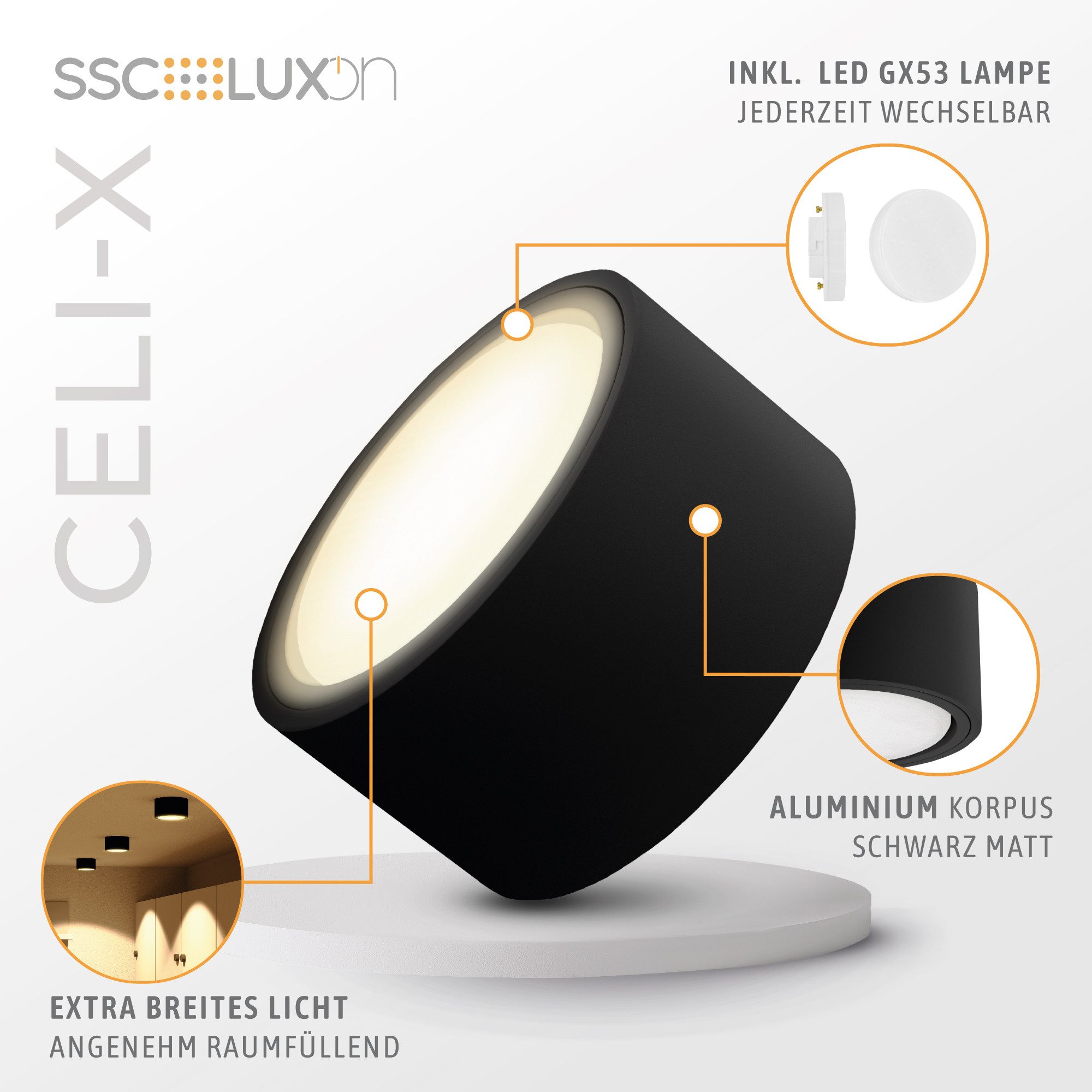 SSC-LUXon LED Aufbaustrahler CELI-X flacher LED Aufbauspot dimmbar schwarz mit 6W LED GX53 3CCT, Neutralweiß, Warmweiß, Tageslichtweiß – Bild 5 von 5
