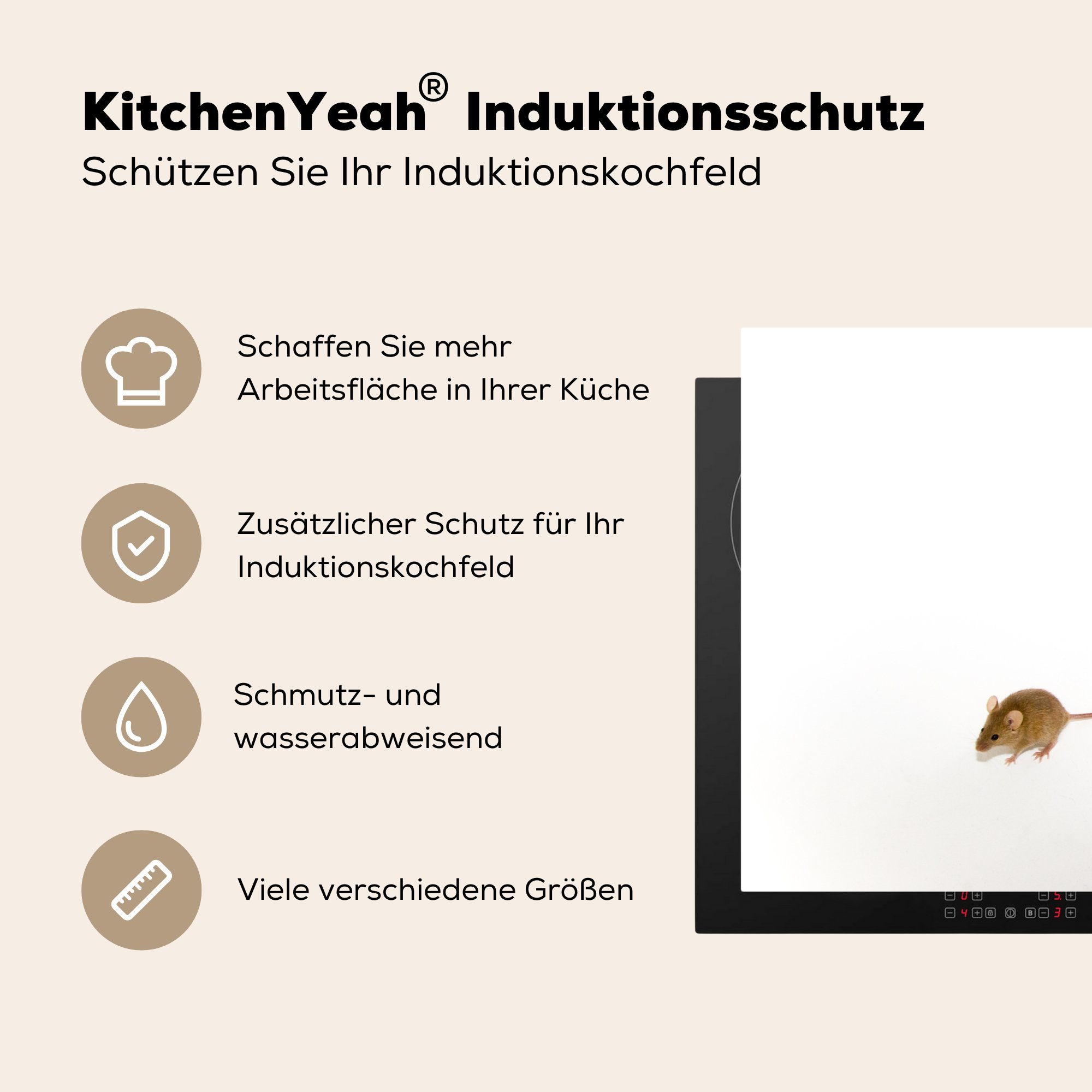 MuchoWow Herdblende-/Abdeckplatte Maus - Tiere - die Vinyl, 81x52 küche, Weiß, Induktionskochfeld (1 Ceranfeldabdeckung cm, Schutz für tlg)