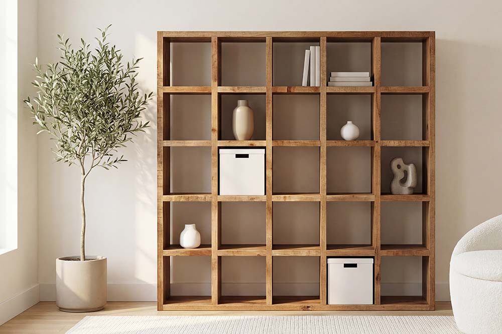 riess-ambiente Bücherregal IRON CRAFT 200cm natur - Massivholz, lackiert, 25 Fächer, handmade, Einzelartikel 1-tlg., großer Raumteiler mit viel Stauraum - ideal für Arbeits- & Wohnzimmer