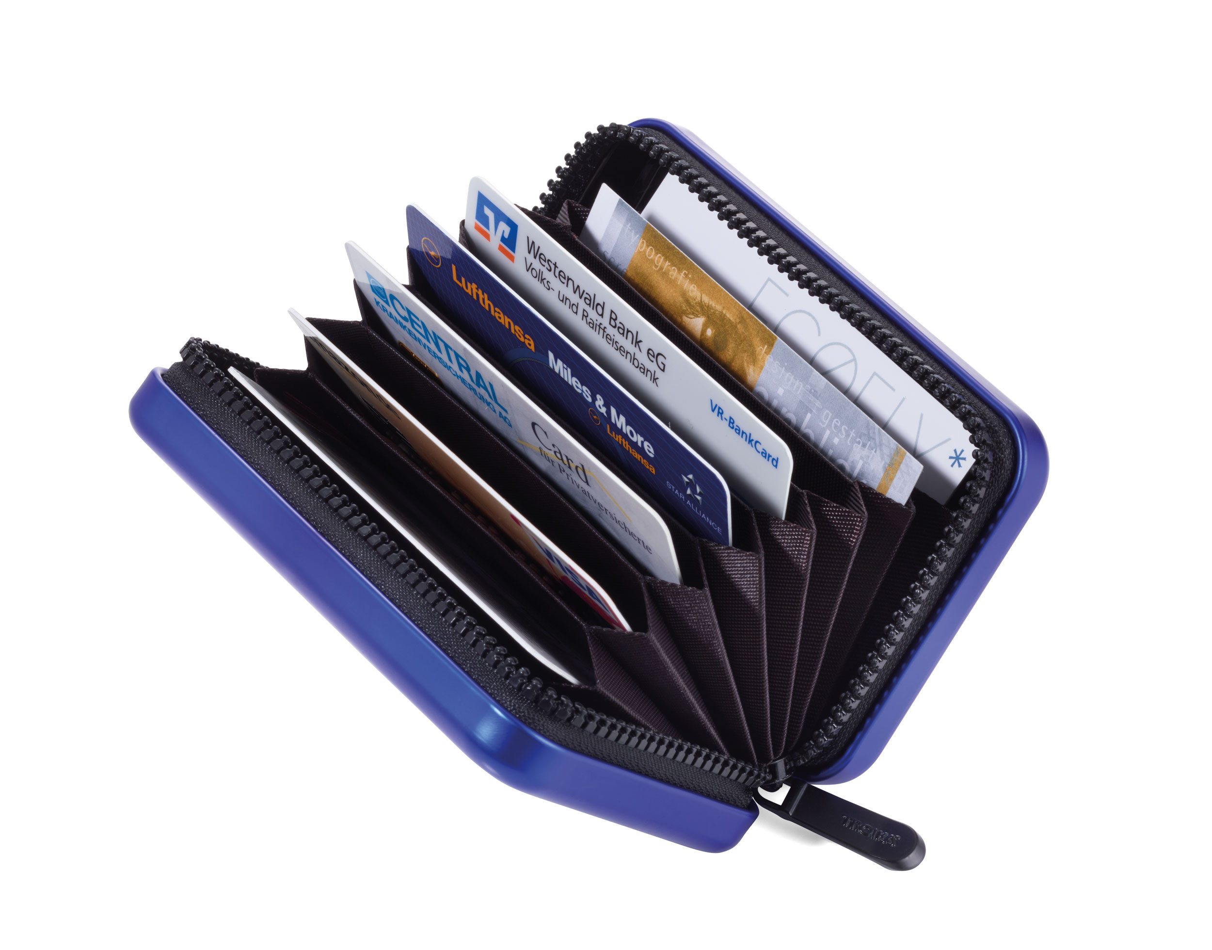 TROIKA Kartenetui Aluminium mit Schutz vor Datendiebstahl – Kartenetui im Koffer-Design (9 Fächern für bis zu 20 Karten), Cardholder in verschiedenen Farben, RFID Schutz, 10,5 x 7 x 3 cm