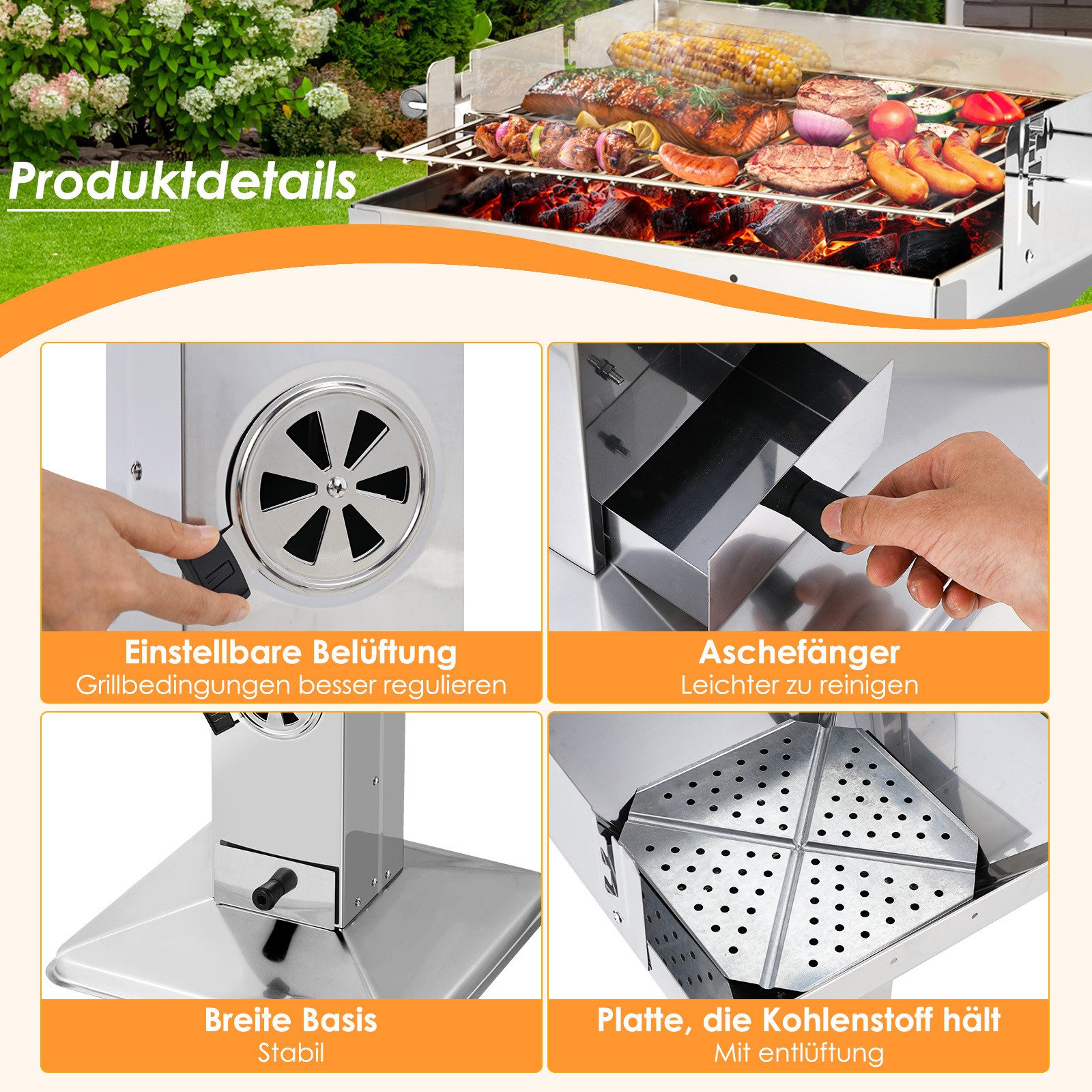 TLGREEN Standgrill Edelstahl, Holzkohle Trichtergrill, Portable Campinggrill, Holzkohlegrill, 3-fach höhenverstellbarem, Lüftungsregler