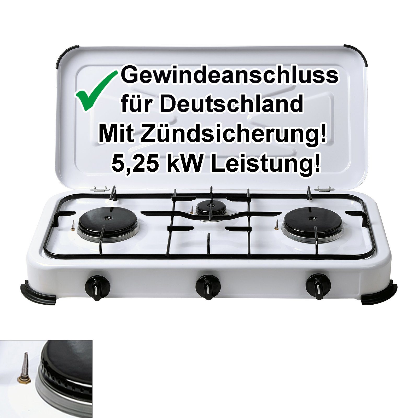 BlueCraft Gaskocher 3 flammig mit Zündsicherung 50mbar Propan Gas Campingkocher 5,25 kW, Camping Gas Kocher 3 flammen für Gasflasche Gasherd Gas-Kochfeld