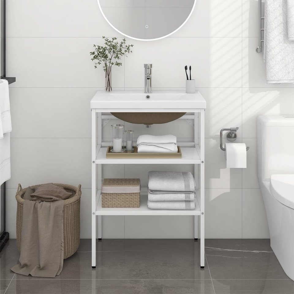 vidaXL Badezimmerspiegelschrank Badezimmer-Waschtischgestell mit  Waschbecken Weiß Eisen (1-St)