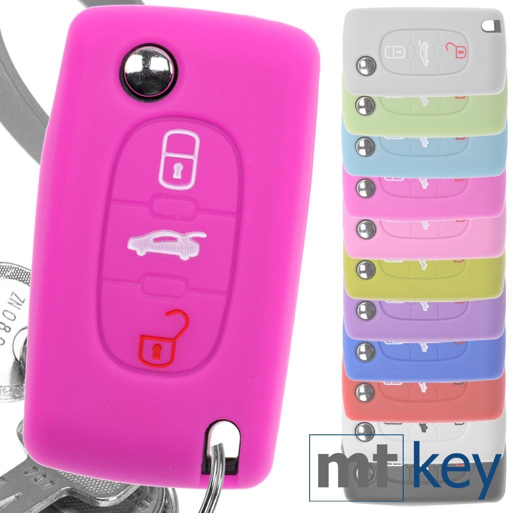 mt-key Schlüsseltasche Autoschlüssel Softcase Silikon Schutzhülle Pink, für Peugeot 307 308 I 407 Expert RCZ Citroen C4 C5 III 3 Tasten