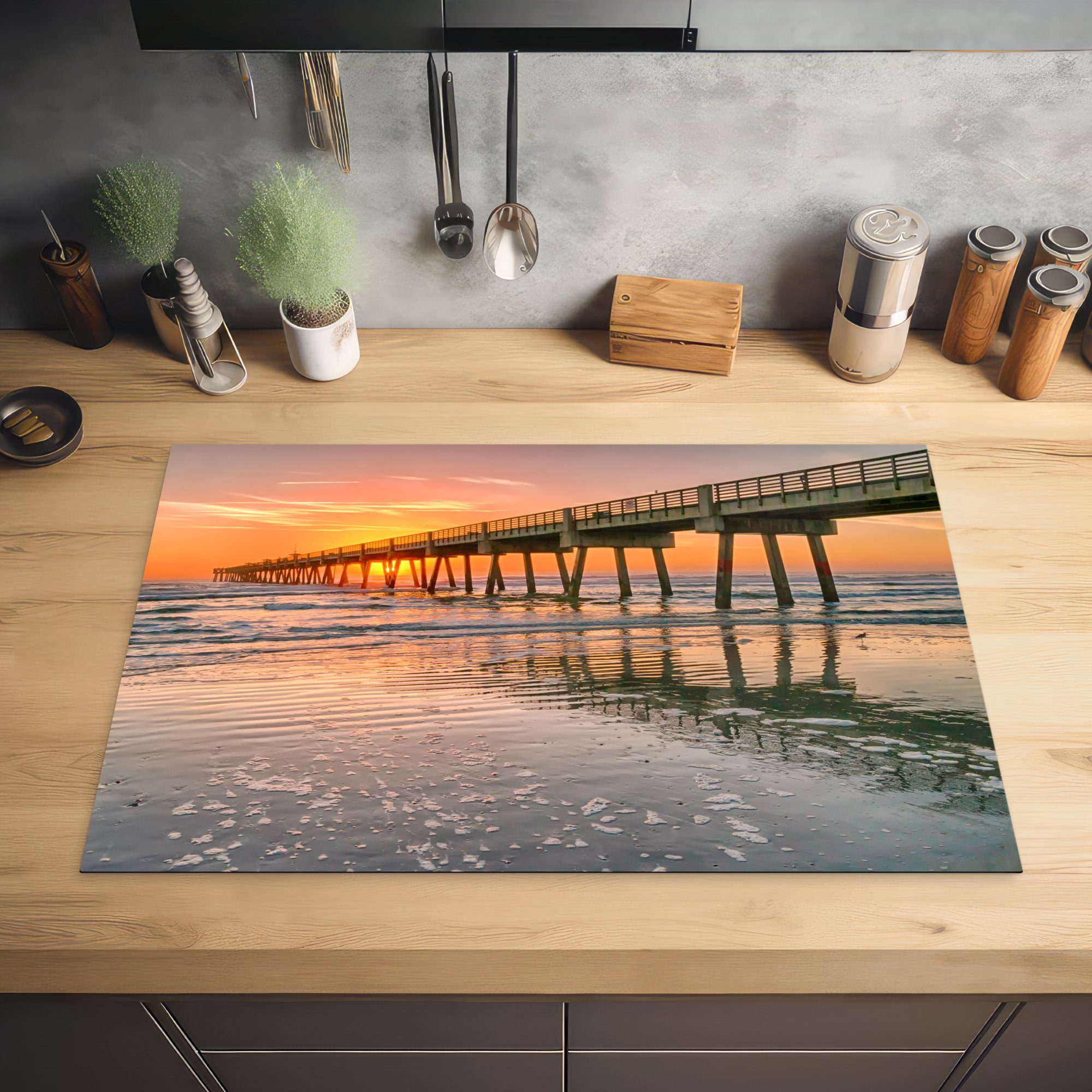 81x52 für die Strand Jacksonville, Ceranfeldabdeckung Herdblende-/Abdeckplatte tlg), von (1 Induktionskochfeld am cm, USA, MuchoWow küche, Sonnenuntergang Schutz Vinyl,