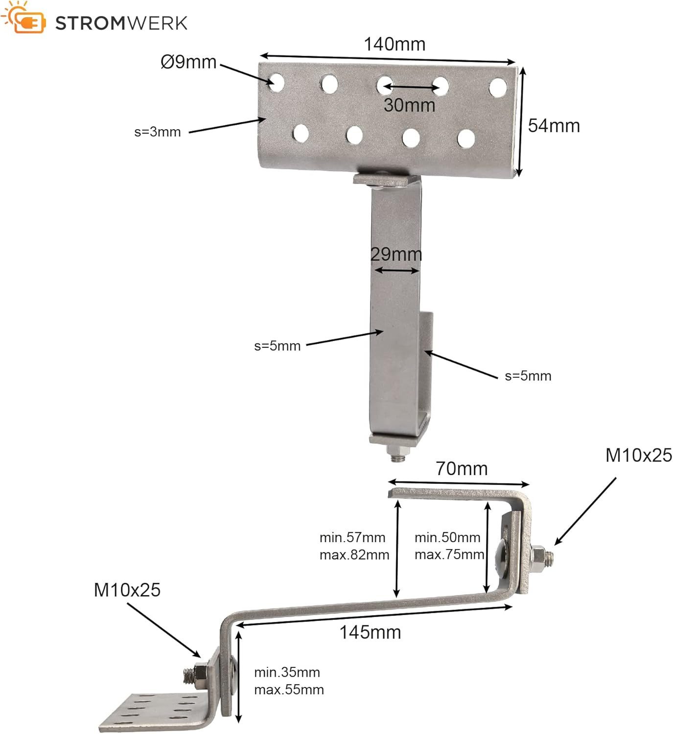 Stromwerk Solarmodul-Halterung Dachhaken 140mm Edelstahl Photovoltaik inkl. Schrauben, (1-tlg., 3fach verstellbar für die Montage auf Ziegel- u. Pfannendächern)