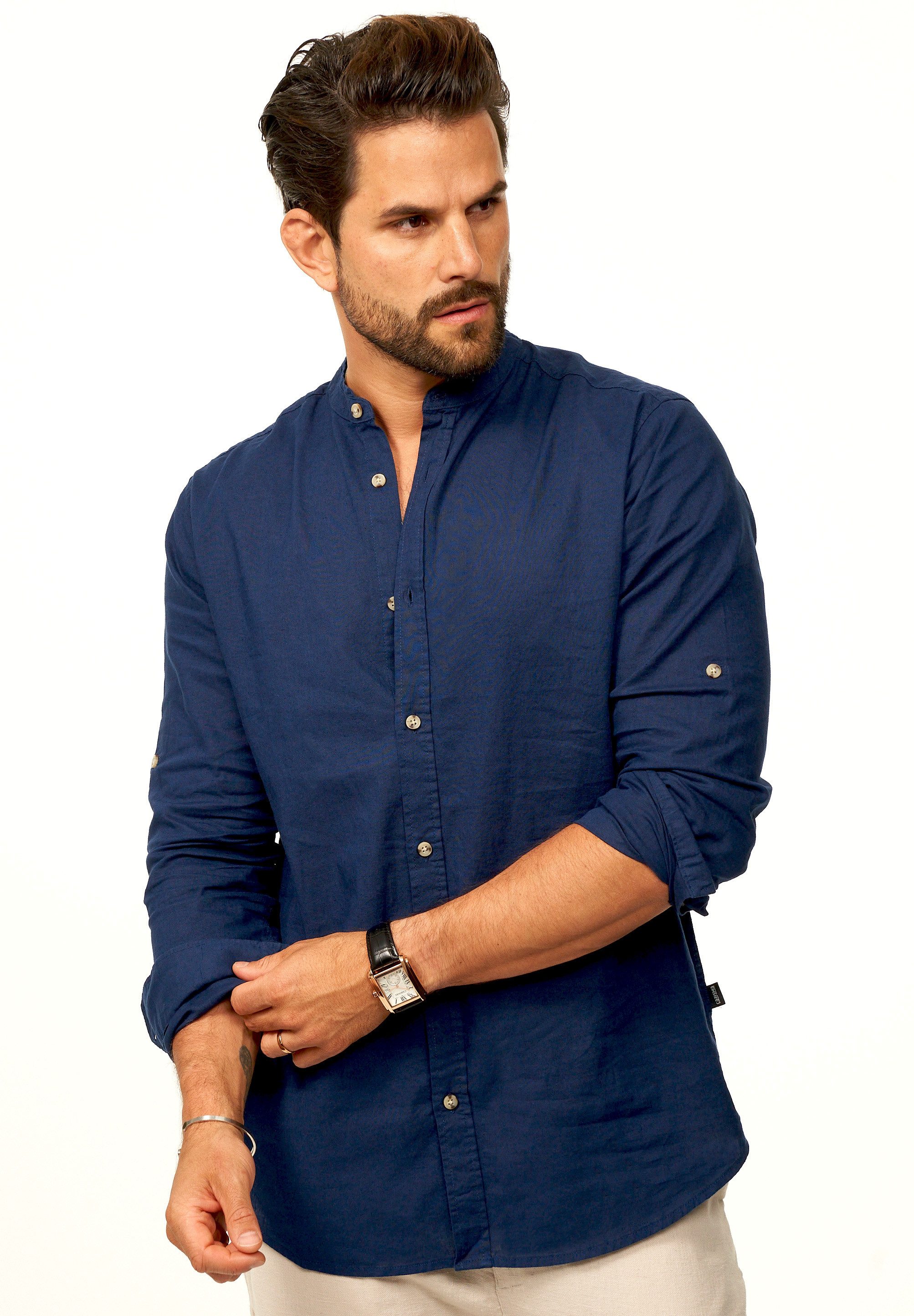 behype Langarmhemd aus Leinen im Regular-Fit Sommerhemd Herren Leinenhemd Freizeithemd mit Stehkragen & Krempelfunktion