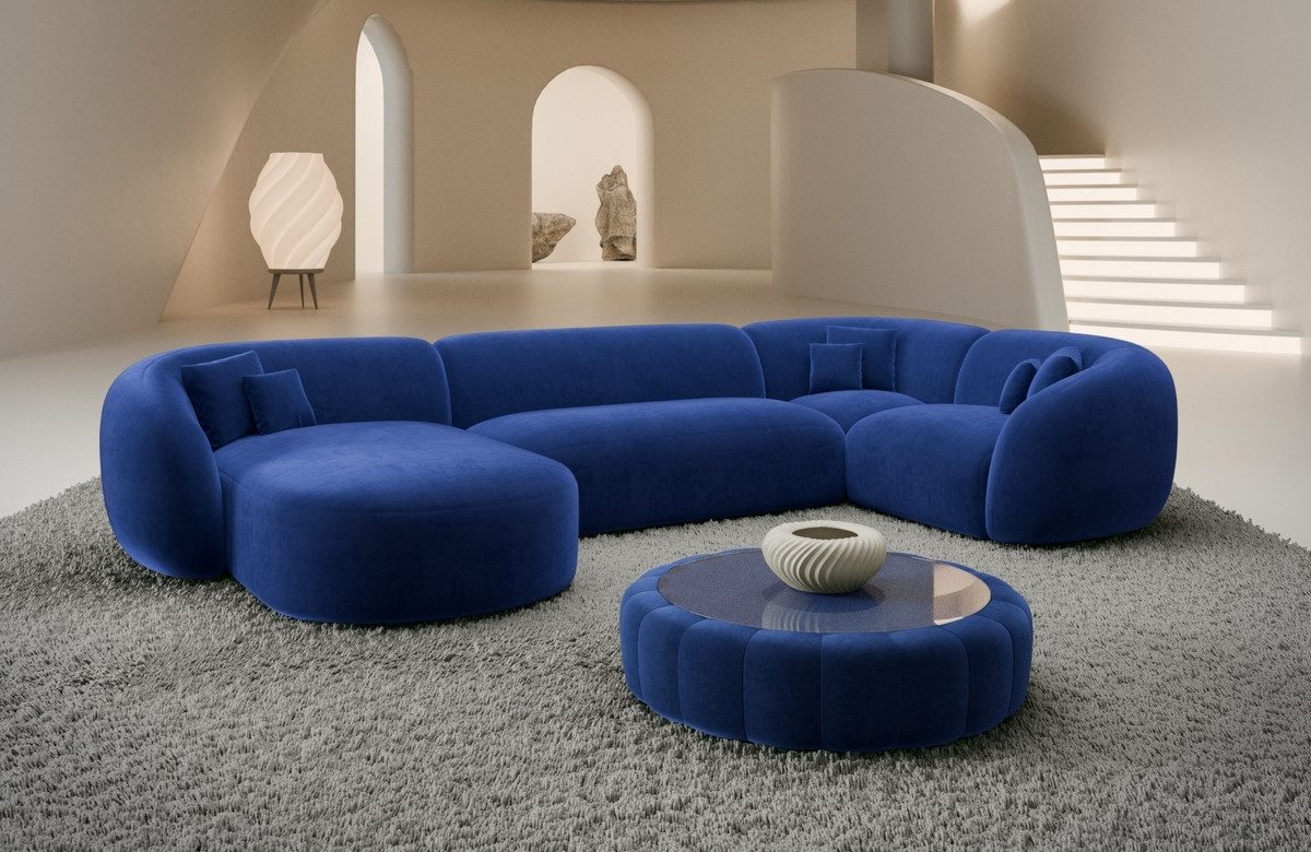 Sofa Dreams Wohnlandschaft Sorelia U Form Design Polsterecke, 6-Sitzer, Stoff Sofa, Samtstoff Bezug in Dunkelblau, Ottomane links