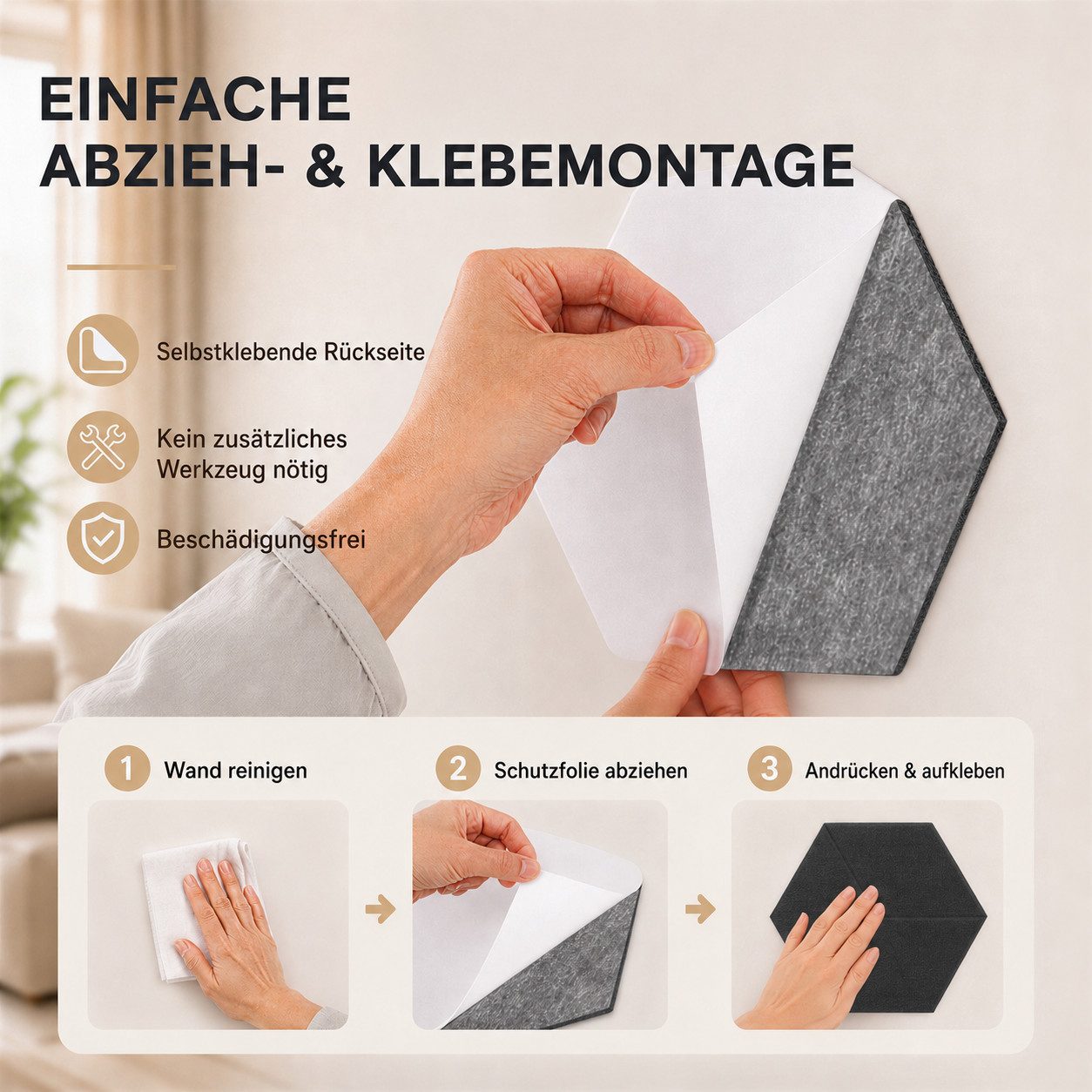 BlingBin Schallschutzpaneel sechseckige Schallschutz Wandpaneele, Akustikpaneele selbstklebend, BxL: 26x30 cm, 0,07 qm, (12er Set, 12-tlg., 300 x 260 mm) 3D Hex – Bild 5 von 5