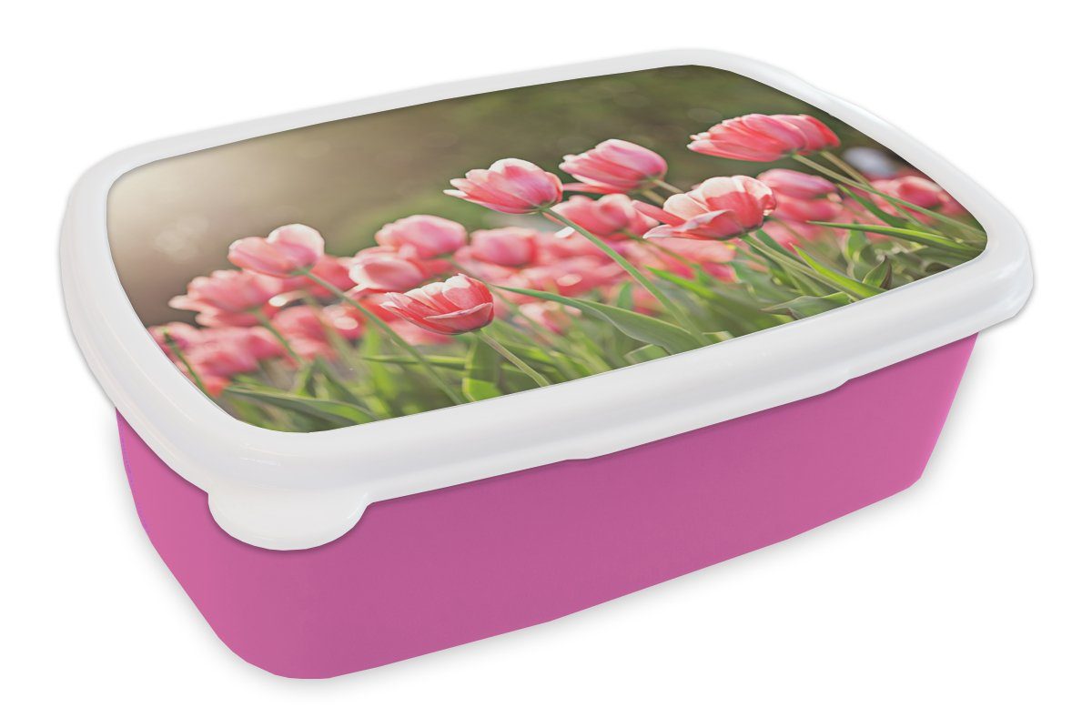 MuchoWow Lunchbox Tulpen - Sonne - Frühling, Kunststoff, (2-tlg), Brotbox für Erwachsene, Brotdose Kinder, Snackbox, Mädchen, Kunststoff rosa