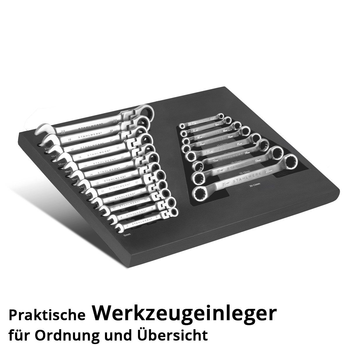 STAHLWERK Steckschlüssel Werkzeugeinlage 20-teiliger Schraubenschlüssel-Satz Weichschaumeinlage (Set, 21 St), Schweißer-Gripzangen inklusive Transportkoffer