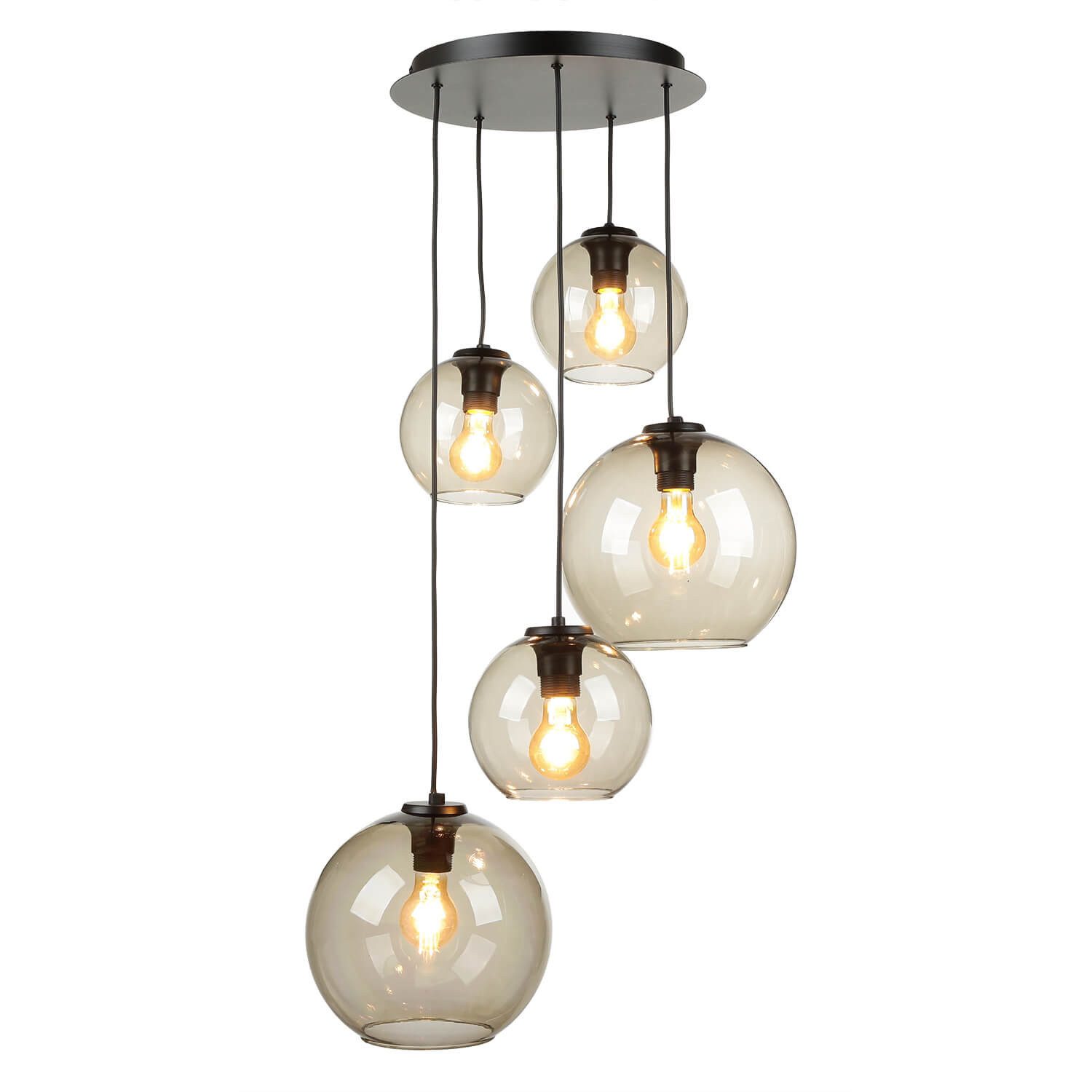 Licht-Erlebnisse Pendelleuchte VINCENTE, ohne Leuchtmittel, Rauchglas 5-flammig verstellbar Kugelschirme