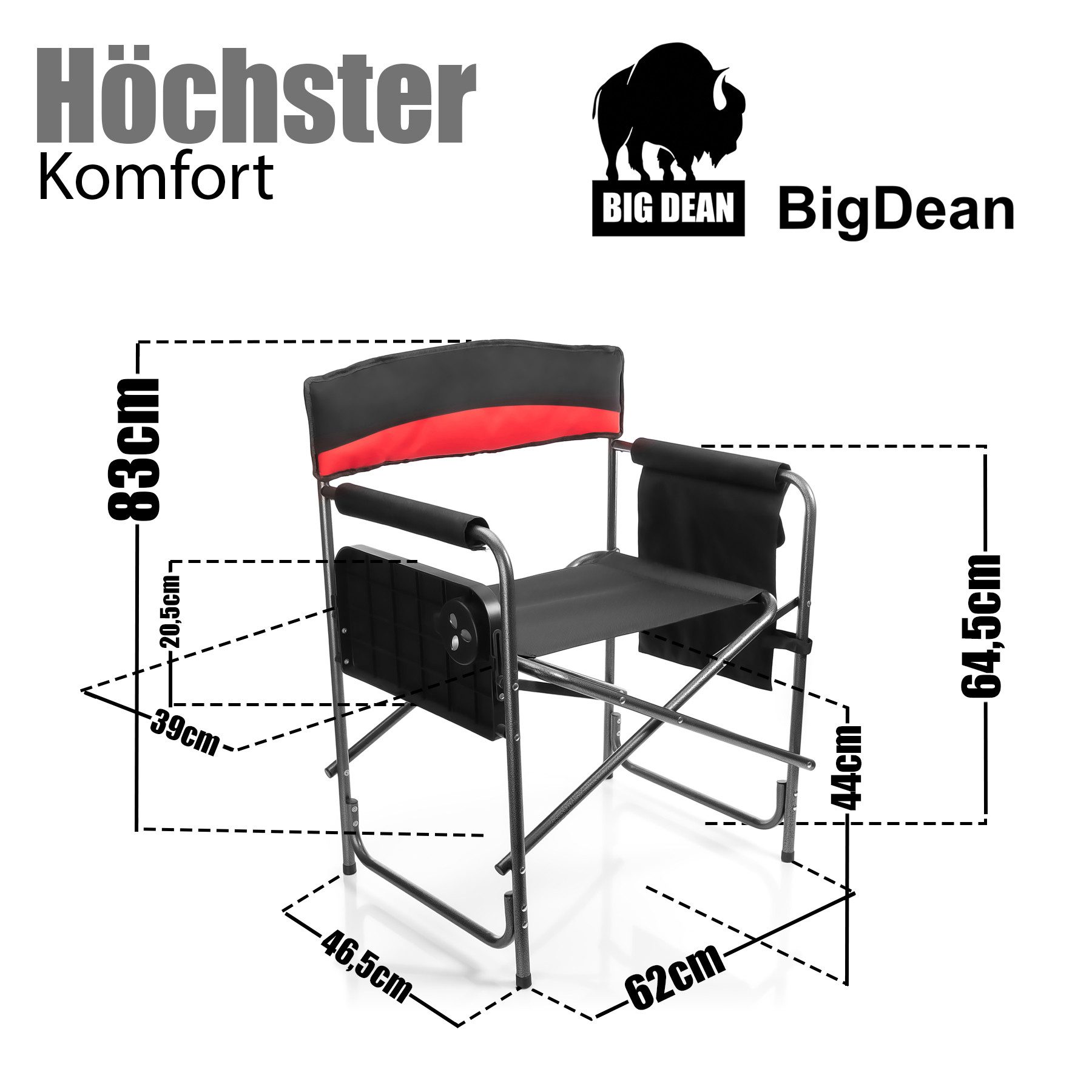 BigDean Campingstuhl XXL Komfort Regiestuhl in schwarz (Packung, 1 St), 180kg Belastbar, Falt/Klappbar, Tragegriffe