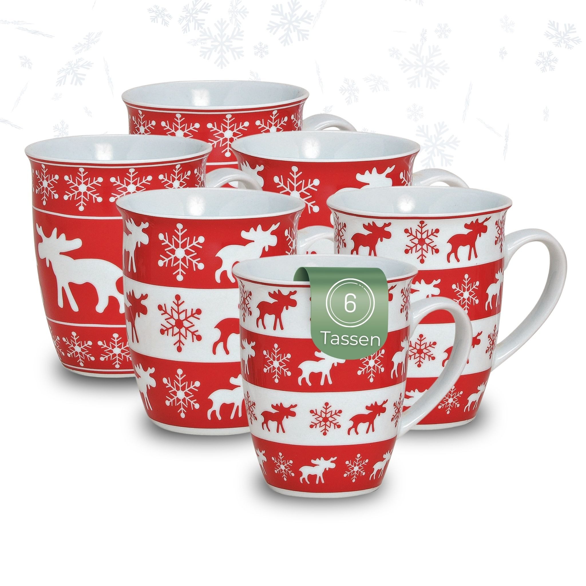 matches21 HOME & HOBBY Tasse Weihnachtstassen 6er Set Skandi Elche rot weiß, 6-tlg., Porzellan, Schöne 250 ml Porzellan Kaffee-Tassen Hygge Weihnachtsmotive
