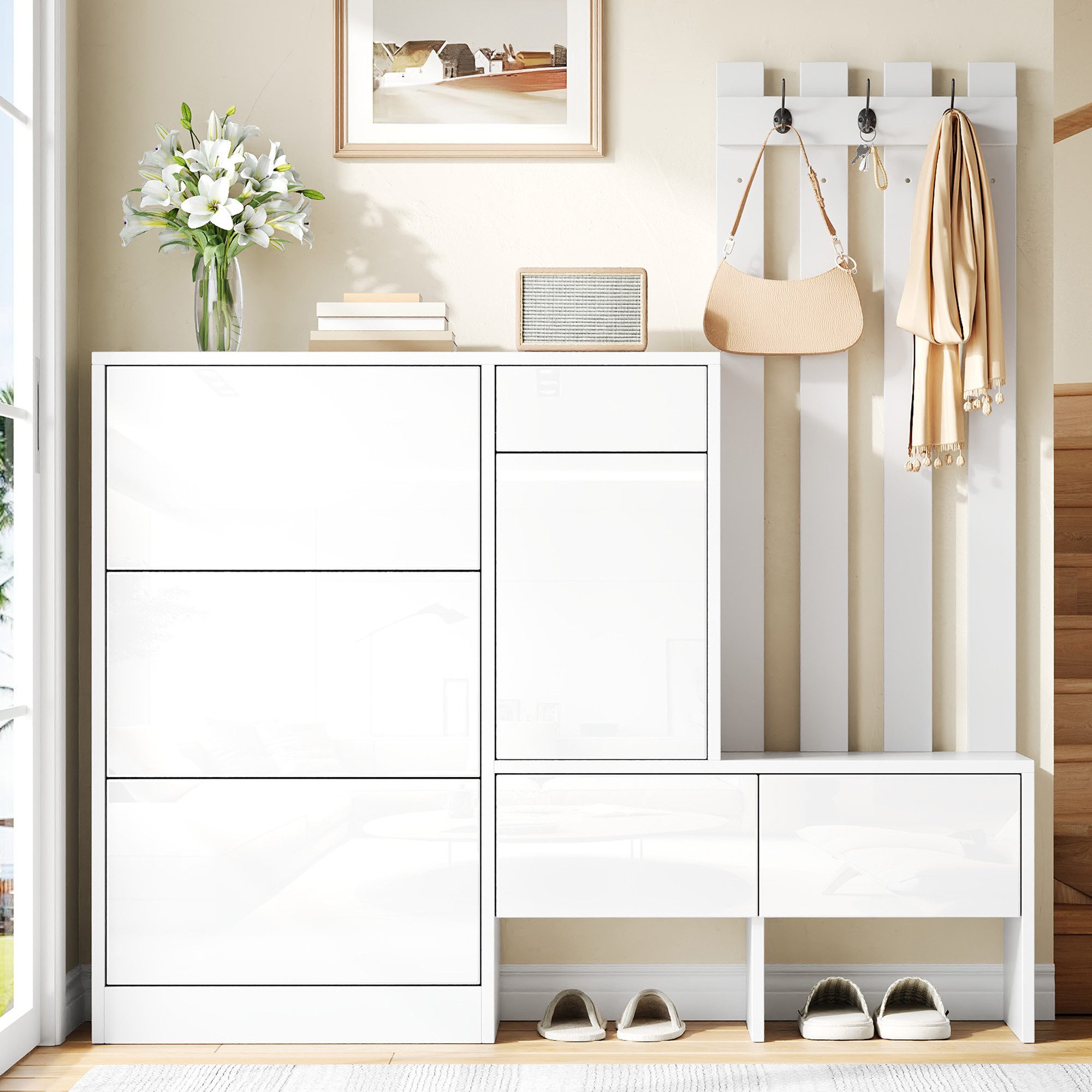 Merax Schuhschrank mit Sitzbank Kleiderhaken,3 Klappschuhfächer für bis zu 12 Paar Schuhe (150 x 35 x 160 cm, 1-St) Flurgarderobe mit 3 …