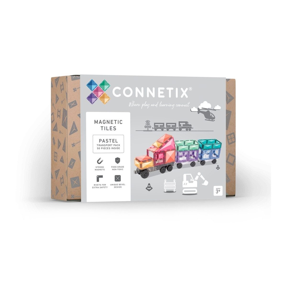 Connetix Pastel Transport Pack verstärkte Magnete pädagogisches Lernspiel Magnetspielbausteine, (Open Play, 50 Teile), ab 3 Jahren