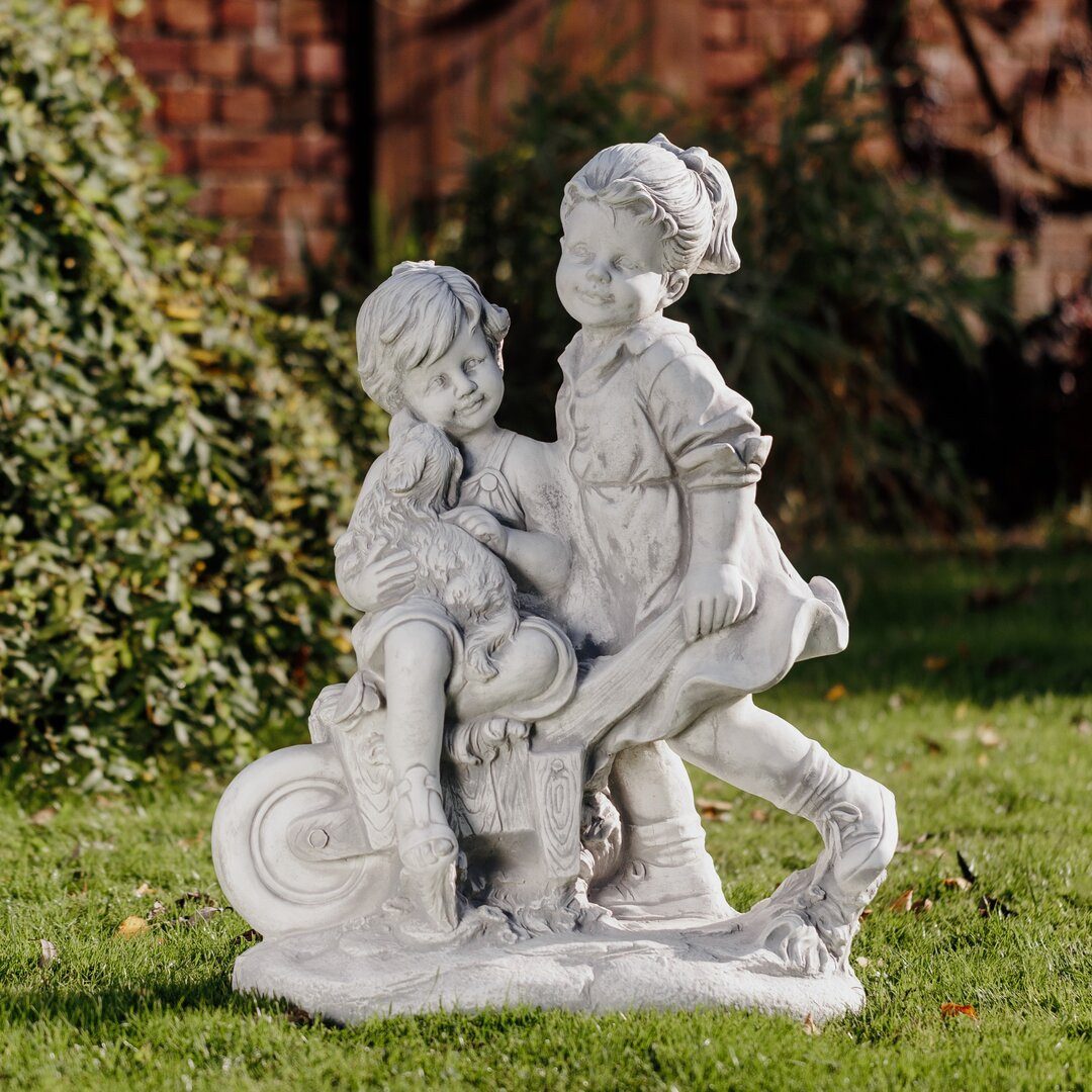 gartendekoparadies.de Gartenfigur Junge und Mädchen mit Schubkarre, Steinfigur H. 82 cm, 94 kg, Frostsicher