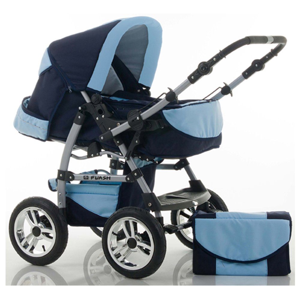 babies-on-wheels Kombi-Kinderwagen 2 in 1 Kinderwagen-Set Flash - 14 Teile - in 18 Farben Navy-Hellblau