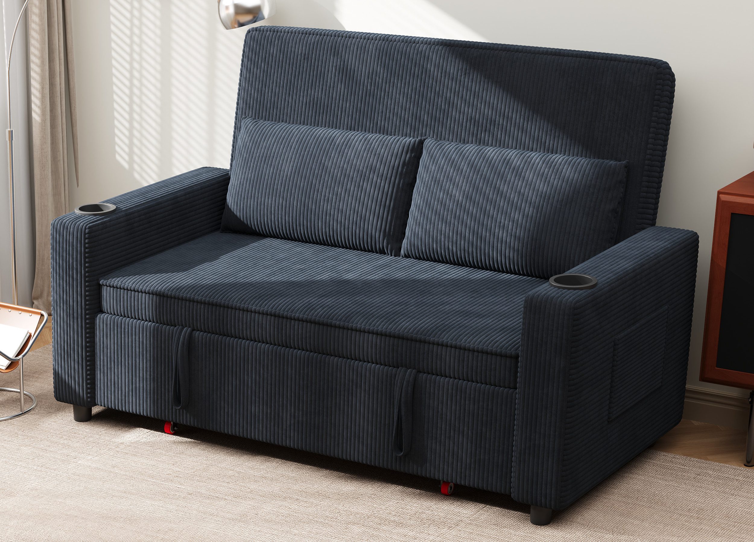 GUNJI Sofa Mit Bettfunktion, mit ausziehbarer sofas wohnzimmer, Hochwertiges Cordsofa mit zwei integrierten Getränkehaltern, ausziehbarem Doppelschlafsofa mit fünf Liegepositionen, geeignet für Wohn- und Schlafzimmer.