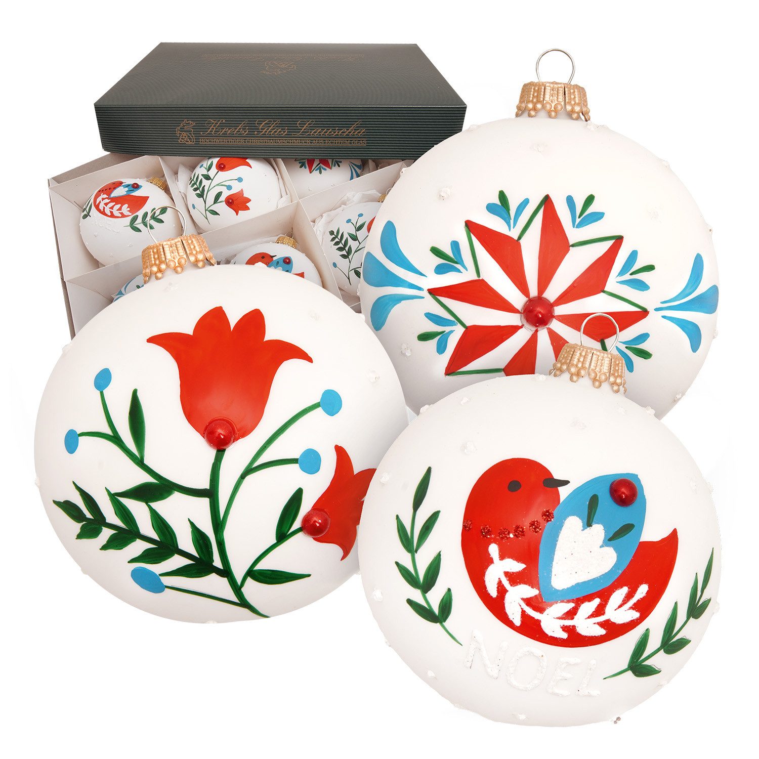 Krebs Glas Lauscha Weihnachtsbaumkugel Weihnachtskugel Folk Christmas weiß 8cm, Dekoriert mit Liebe zum Detail
