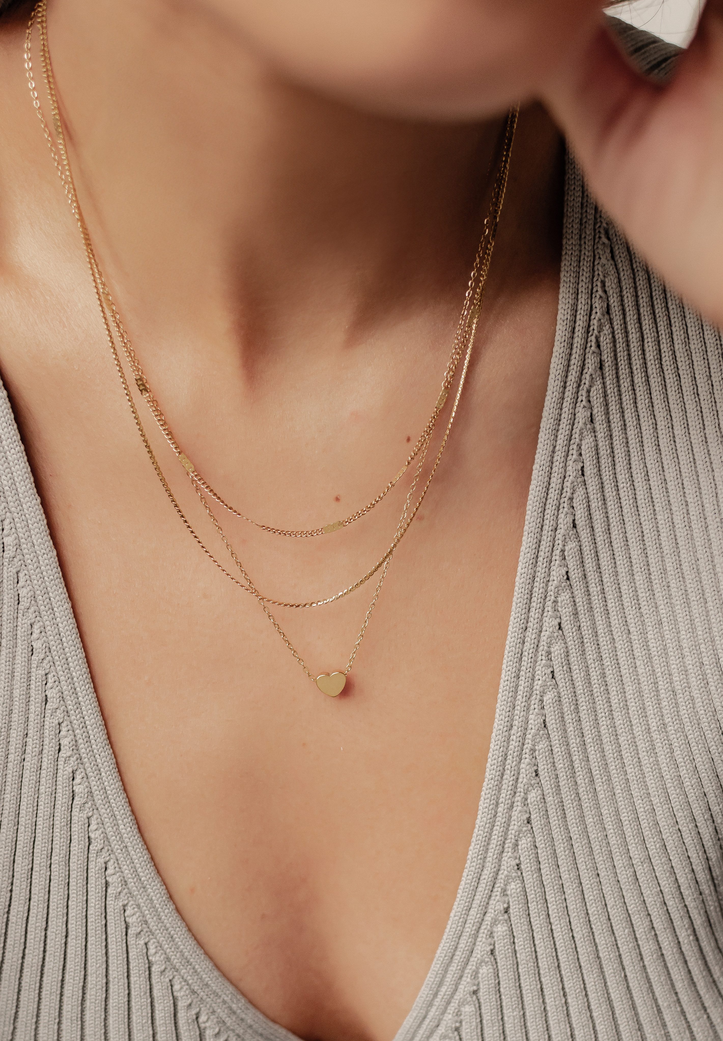 Hey Happiness Collierkettchen-Set Herz und Glieder Layer, Edelstahl vergoldet, Schlichte Damen Halsketten Love Sweetheart