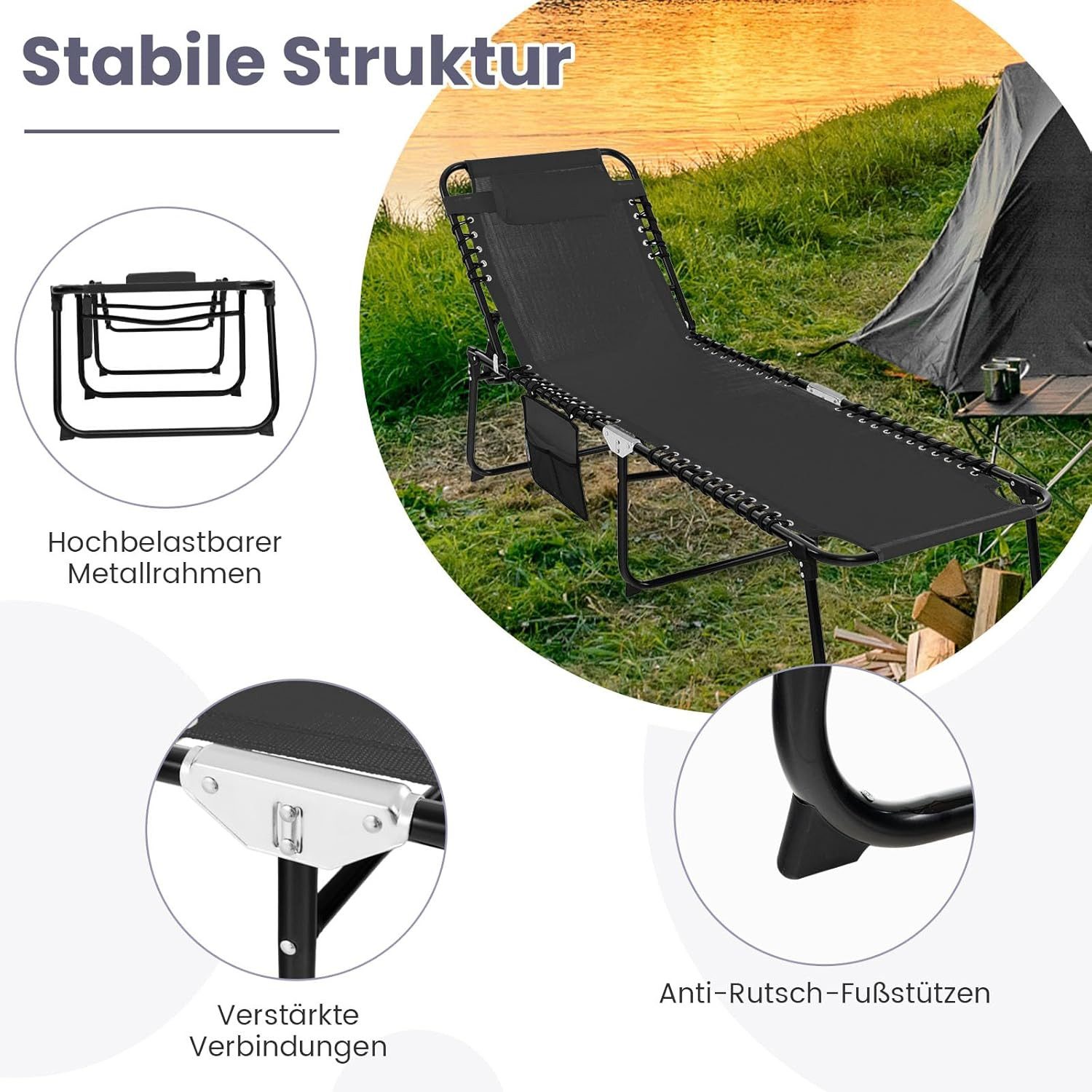 KOMFOTTEU Campingliege Klappbare Sonnenliege Wasserdicht Liegestuhl – Bild 4 von 5