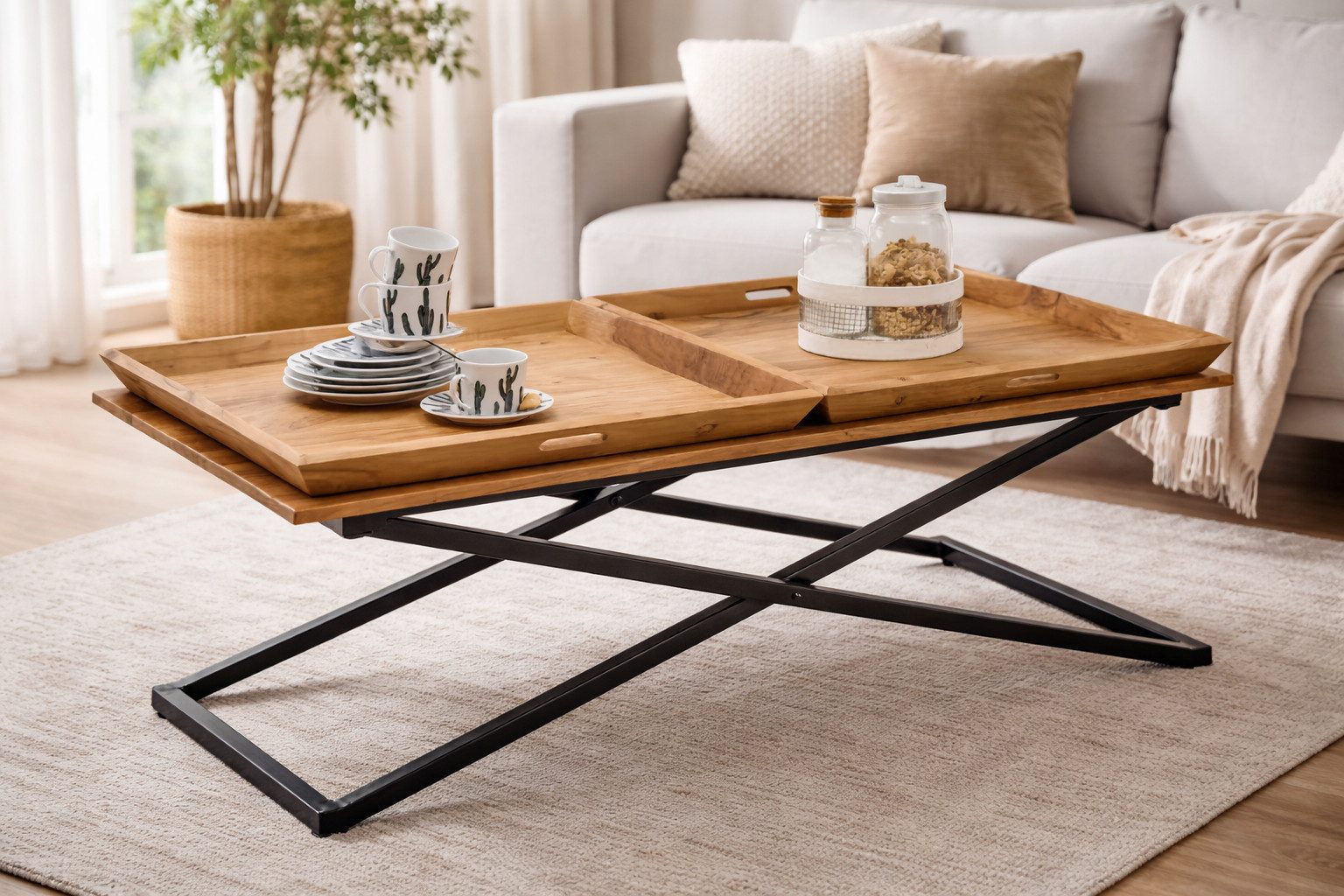 möbelando Couchtisch Allround, in Akazie, Akazie massiv, Metall - 122x46x61cm (BxHxT)