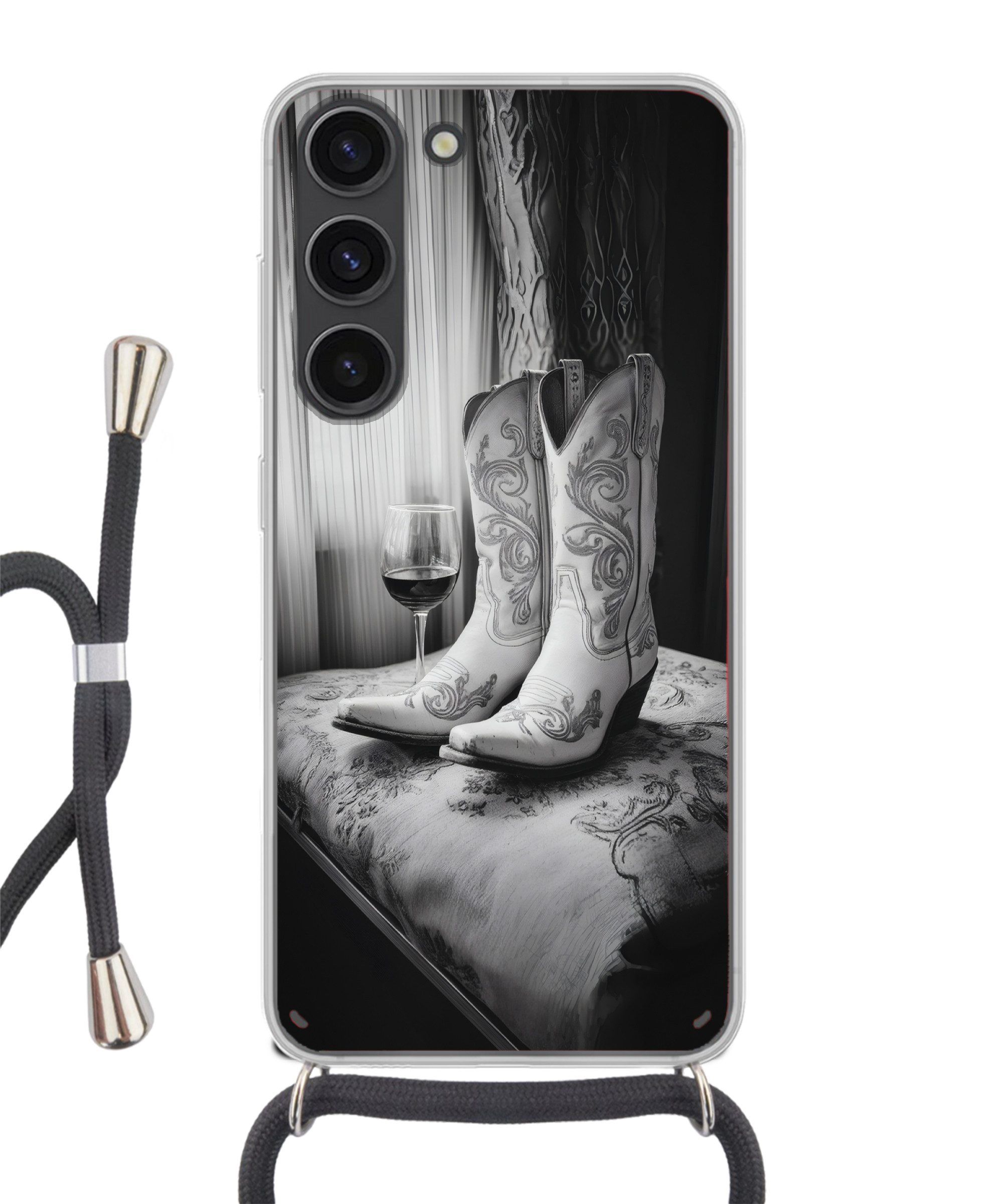 MuchoWow Handyhülle für Samsung Galaxy S23 Wein - Cowboystiefel - Fensterlicht - Weiß, Tragbare Handyhüllen mit Kette zum umhängen, Handykette Handyband