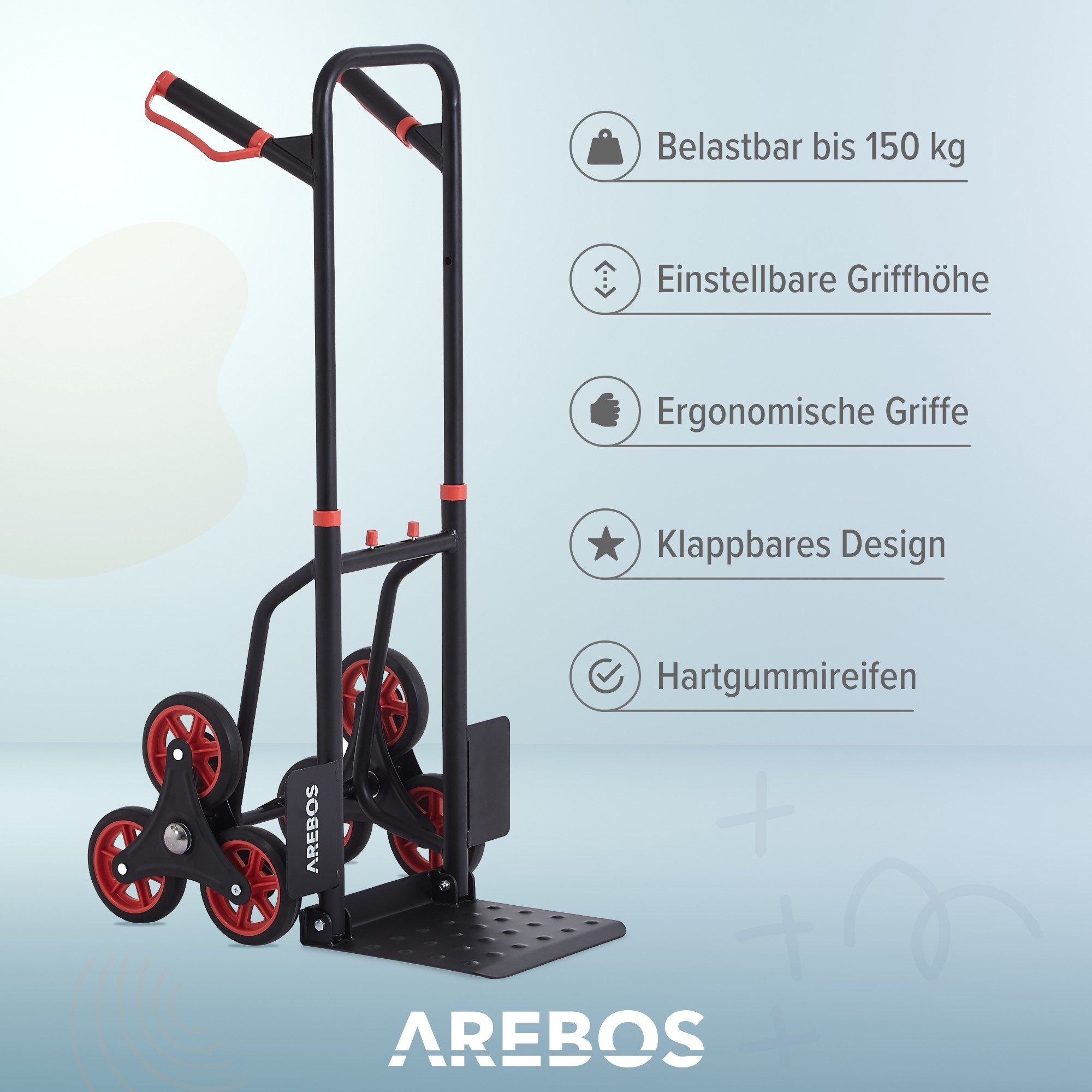 Arebos Treppensackkarre Sackkarre Transportkarre 150kg Treppensteiger Stappelkarre, Höhenverstellbar: 74 - 109 cm, Ladefläche: 31,1 x 28,8 cm