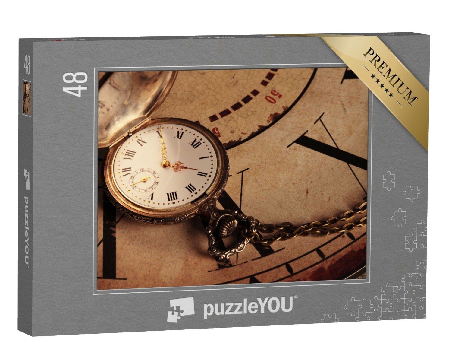puzzleYOU Puzzle Hintergrund mit Vintage-Uhren, goldene Taschenuhr, 48 Puzzleteile, puzzleYOU-Kollektionen Uhren
