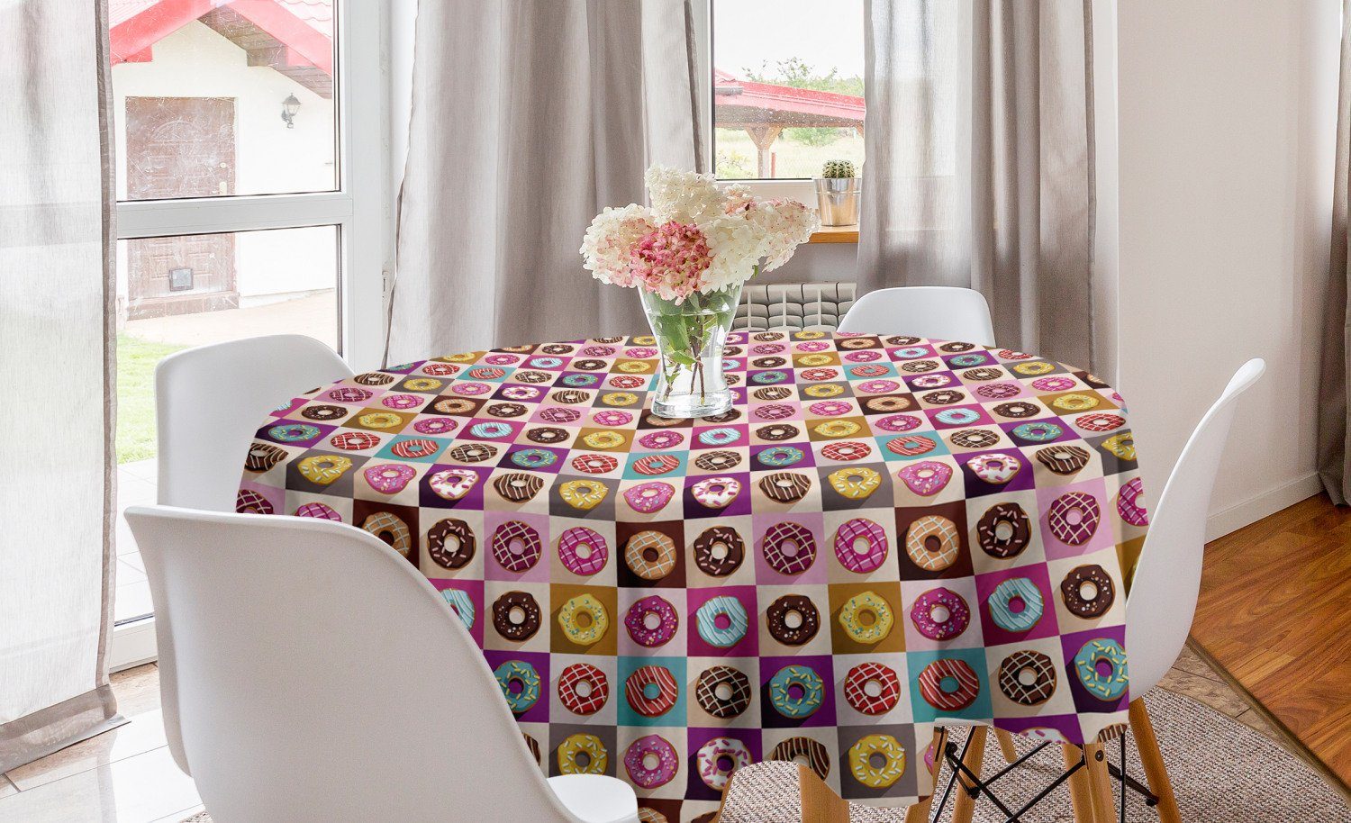 Abakuhaus Tischdecke Kreis Tischdecke Abdeckung für Esszimmer Küche Dekoration, Dessert Bunte Donuts Pop Art